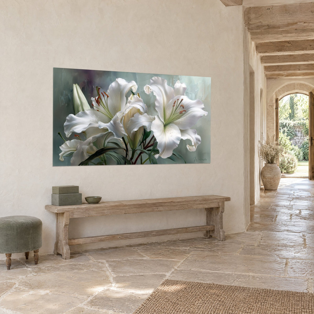 Quadro bouquet di gigli immacolati, boccioli verdi e antere color ruggine su fondo verde acqua, parete intonacata di un corridoio in pietra
