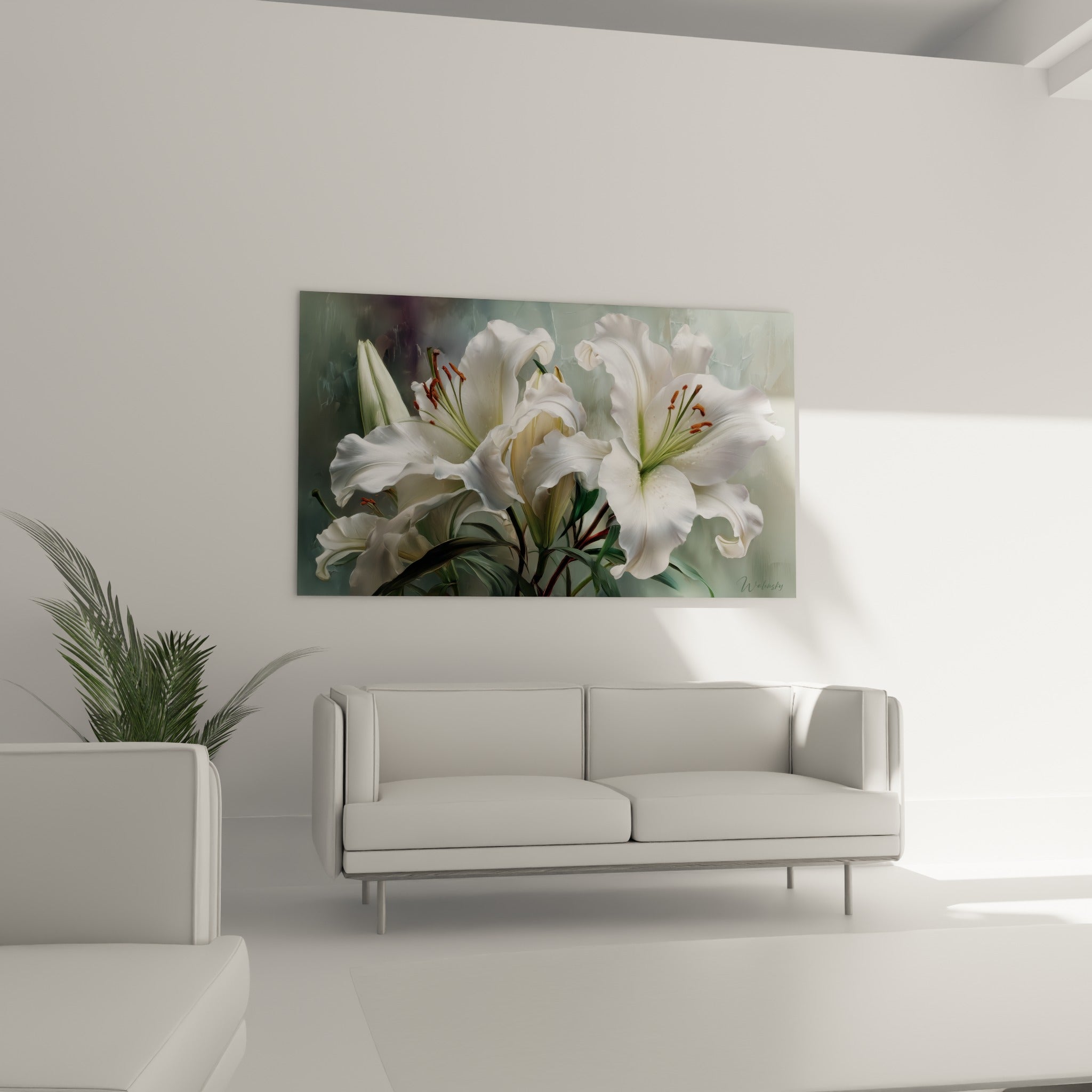 Bouquet de lys blanc aux nuances safran placé au-dessus d'un canapé dans un salon lumineux