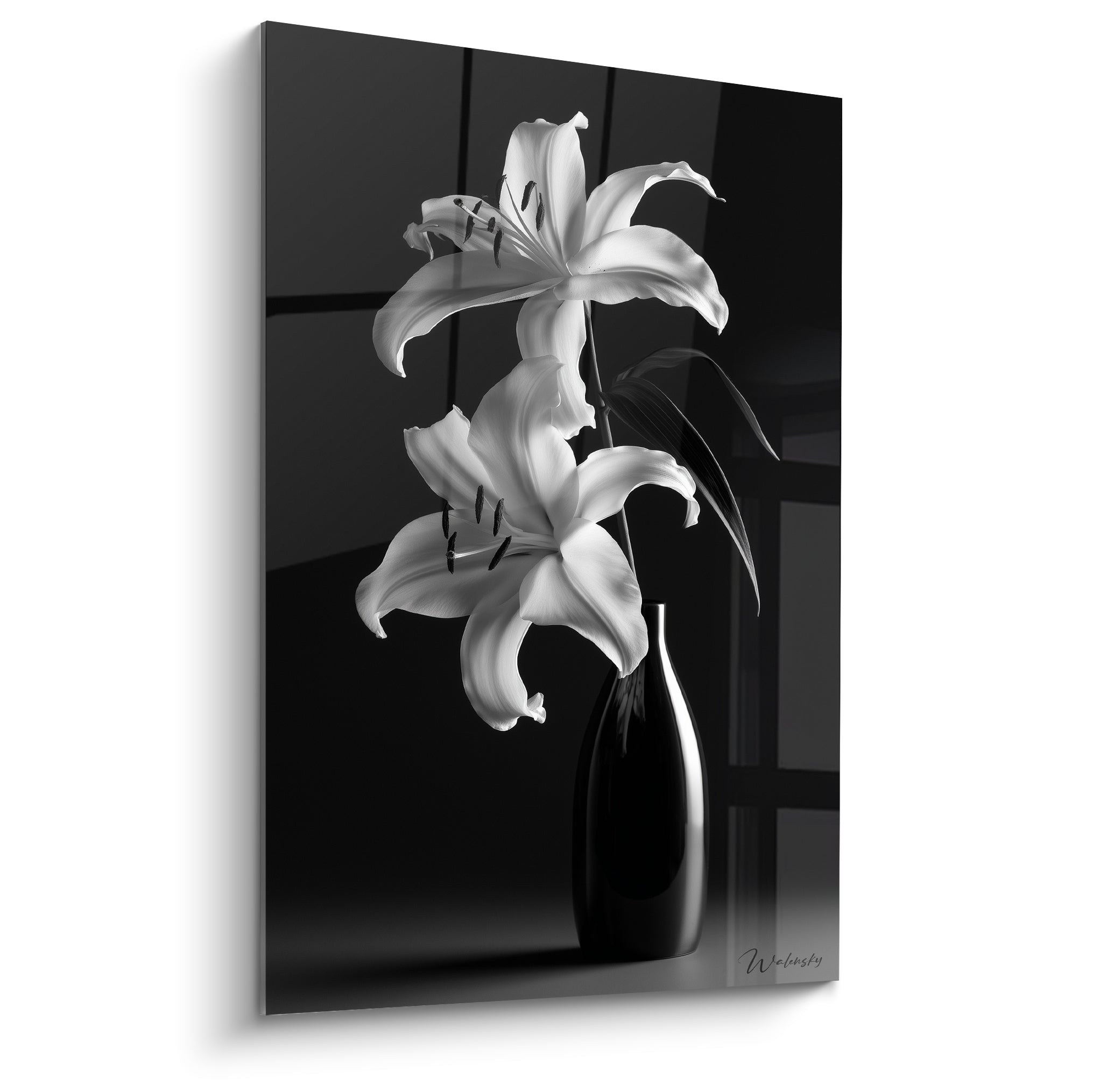 Lys blanc aux pétales ouverts dans un vase noir lustré, contraste marqué sur fond anthracite architectural.