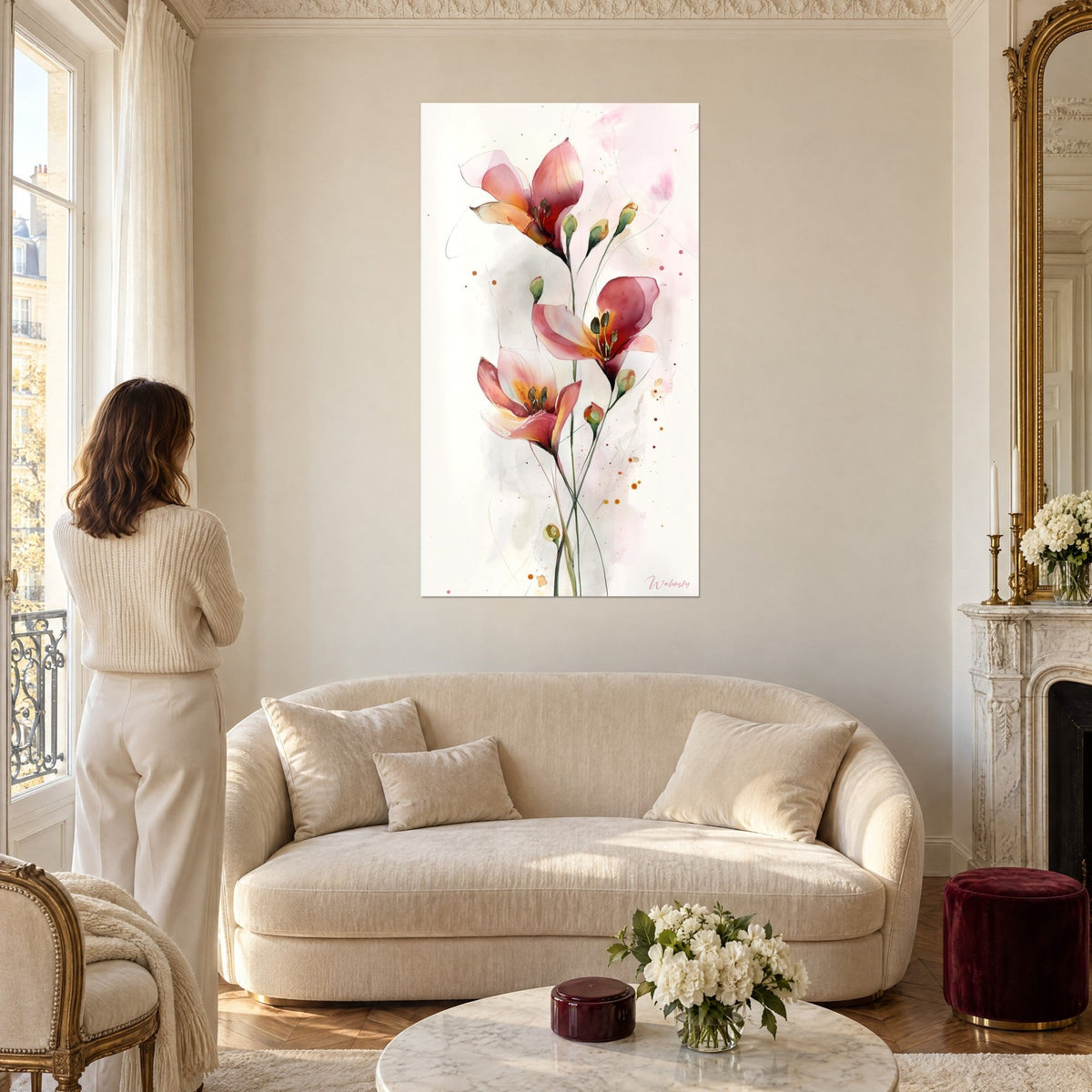 Tableau lys corail aux pétales rose et or, étamines vert olive sur fond ivoire, au-dessus d'un canapé dans un salon lumineux