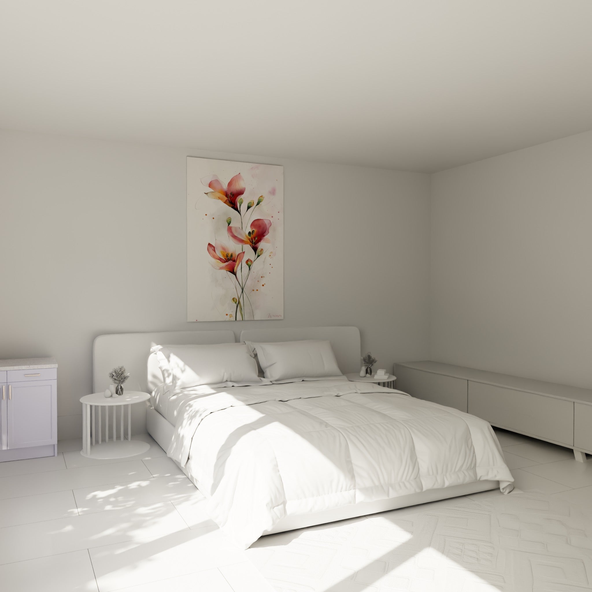 Lys rose et corail en fleurs délicates, accroché au-dessus d'un lit dans une chambre claire