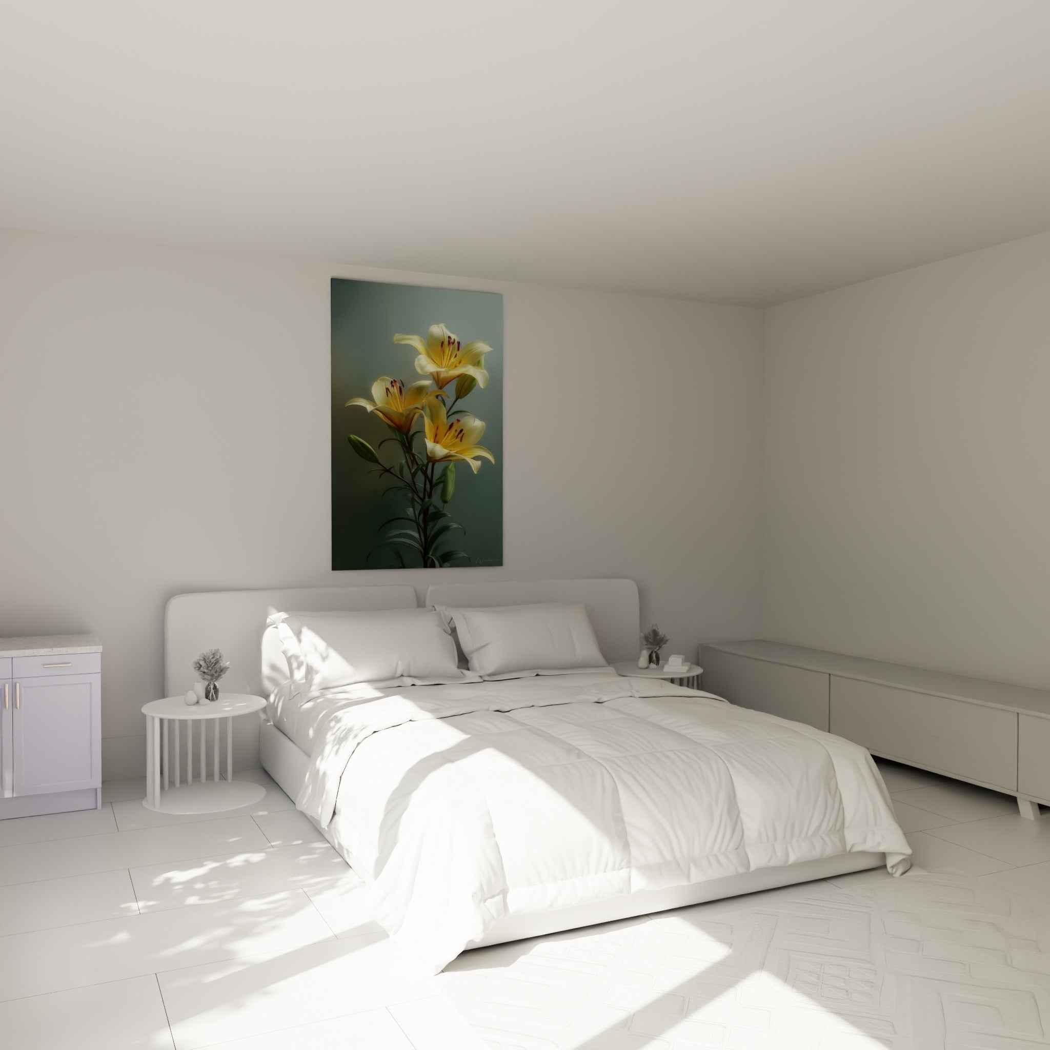 Trois lys crème et bordeaux se déploient au-dessus d'un lit dans une chambre claire