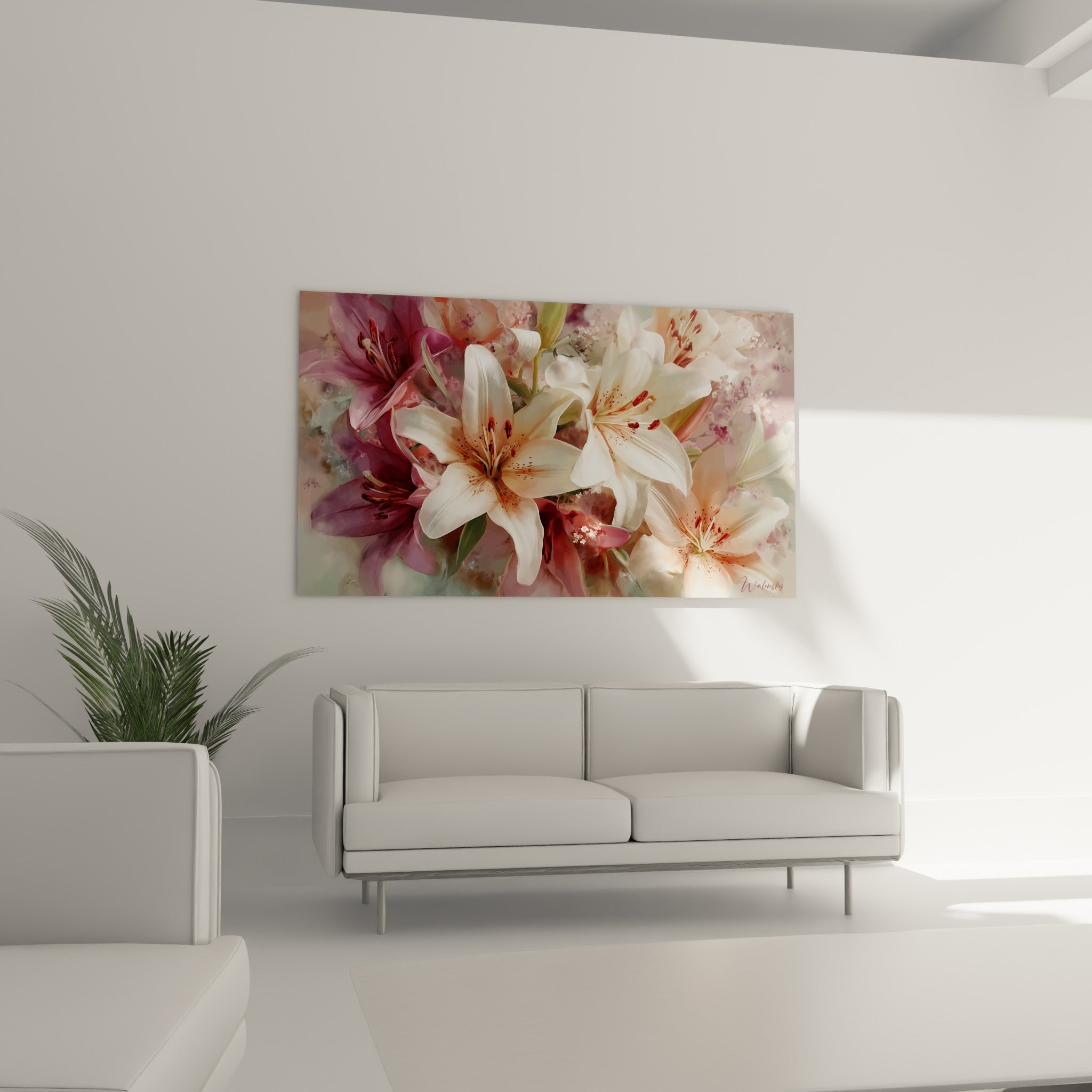 Fleurs de lys crème et rose poudré aux détails botaniques précis, au-dessus d'un canapé dans un salon lumineux