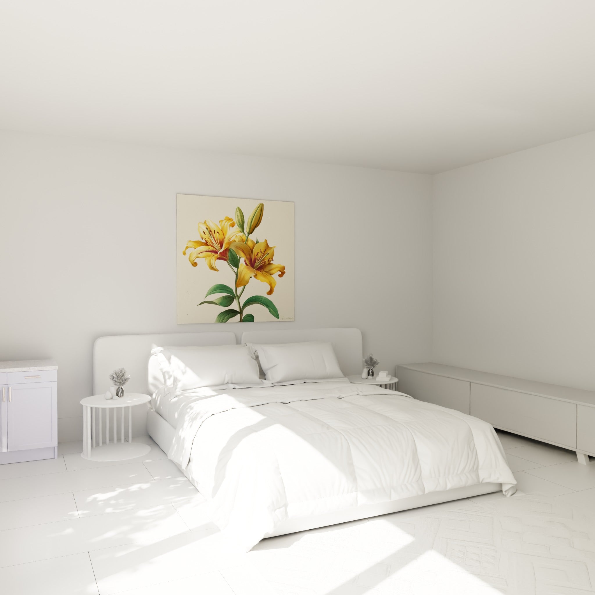 Fleurs de lys dorées et bordeaux au-dessus d'un lit dans une chambre claire et apaisante