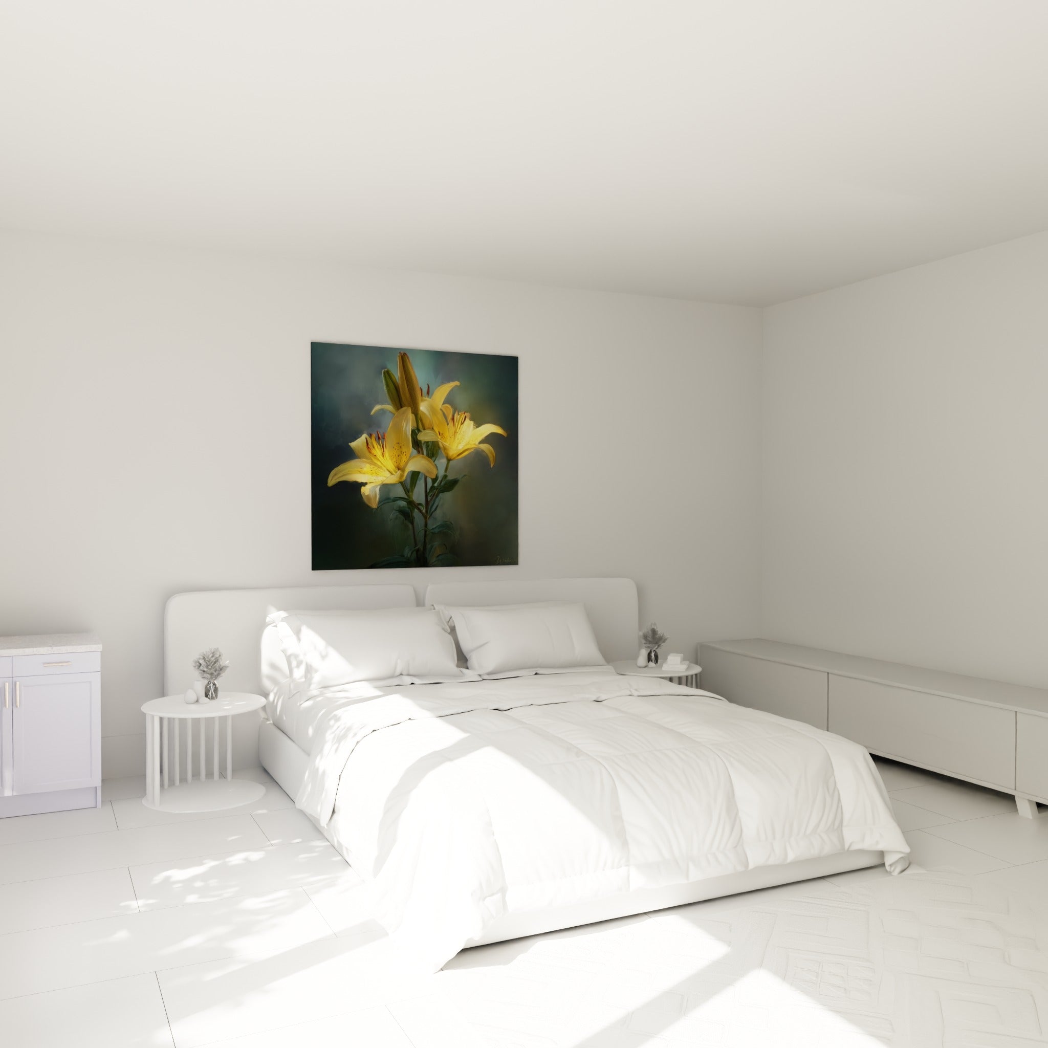 Bouquet de lys dorés et anthracite peint avec finesse, accroché au-dessus d'un lit dans une chambre claire