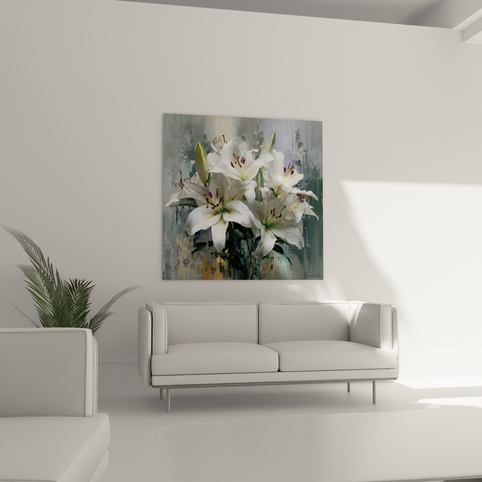Fleurs de lys blanches à cœur pourpre accrochées au-dessus d'un canapé dans un salon lumineux