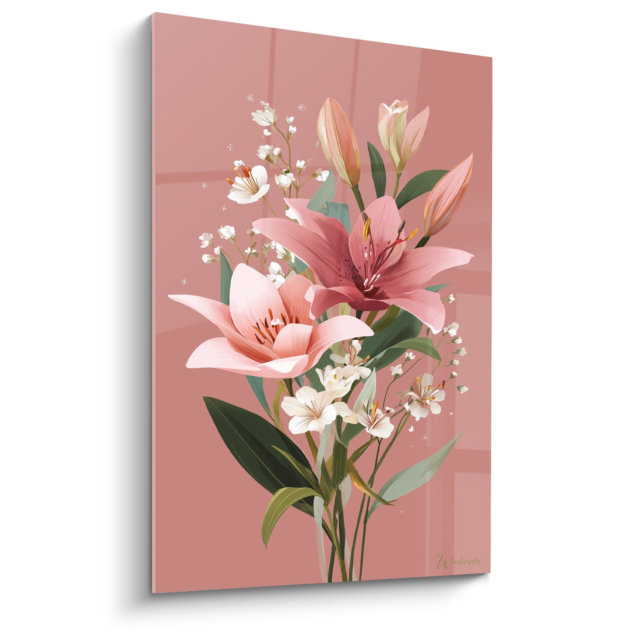Lys roses aux pétales déployés et fleurs blanches sur fond terracotta uni et lumineux