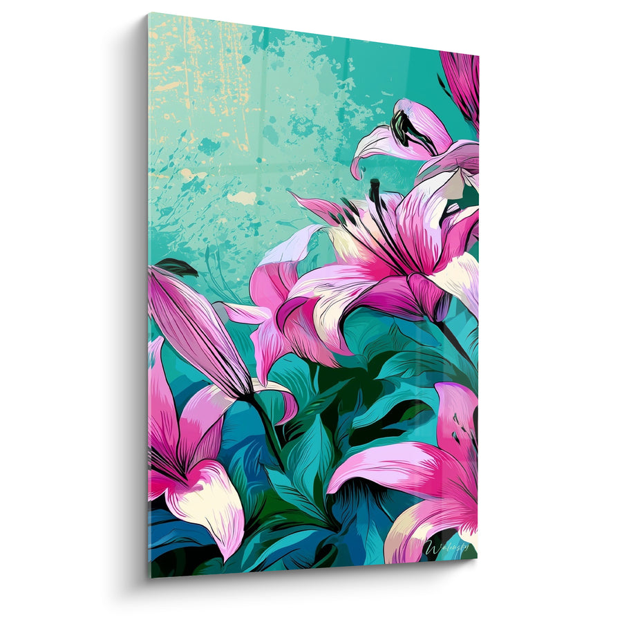 Pink and Turquoise Lily Flowers Painting - Tropical Bloom - Lys Edition