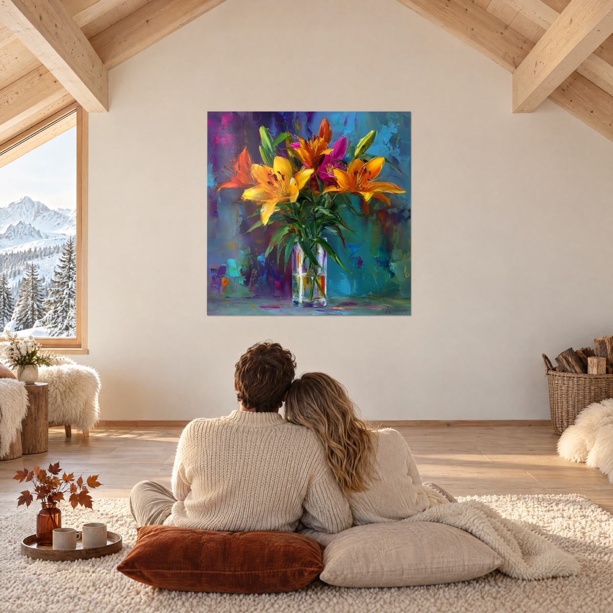 Gemälde mit orangefarbenen und fuchsiafarbenen Lilien in voller Blüte vor entenblauem Hintergrund, ein Paar von hinten auf einem weißen Teppich, Berghütte
