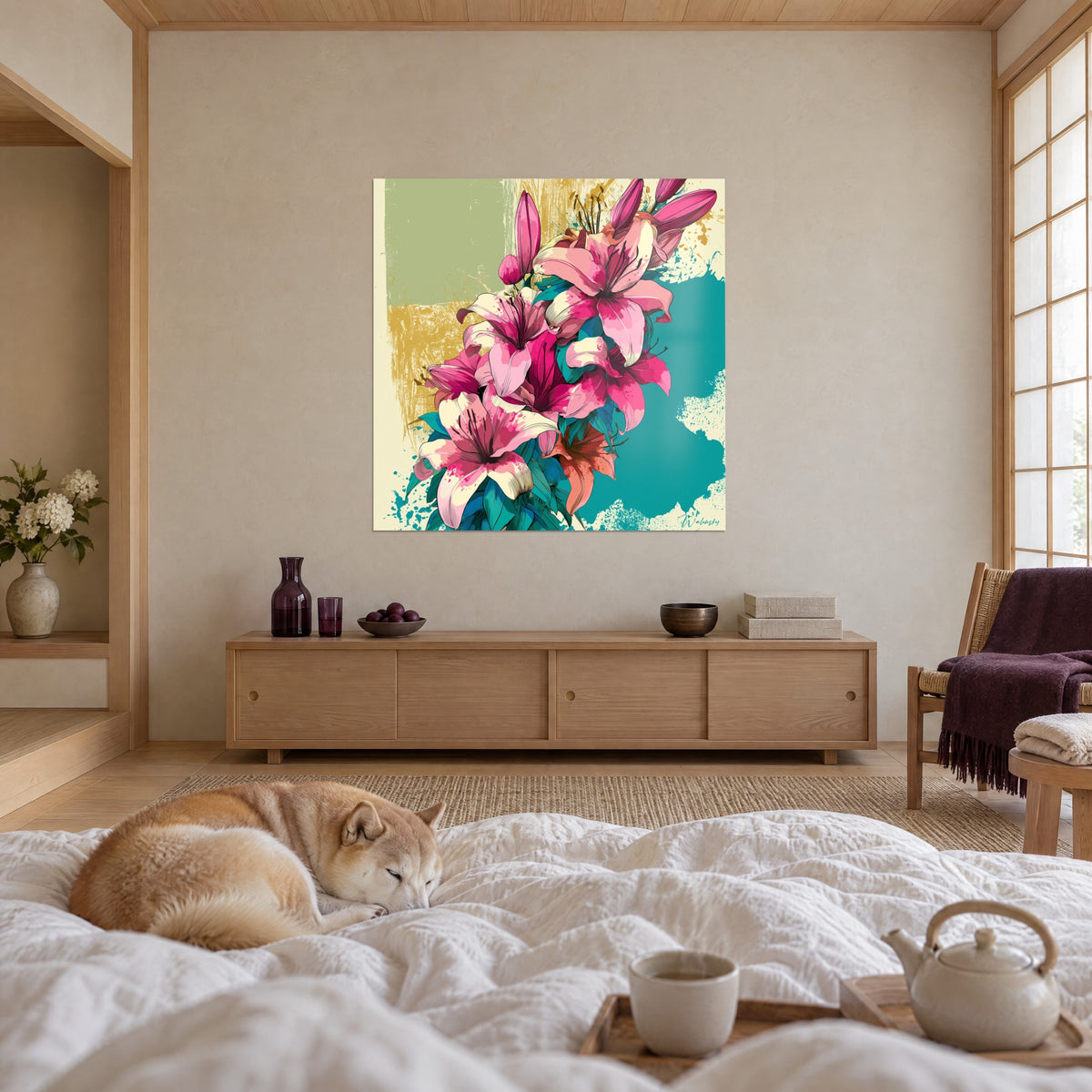 Cuadro lilis en flor fucsia y rosa pálido, plano turquesa, pareja de espaldas y perro Shiba dormido, encima de una cama en un dormitorio luminoso