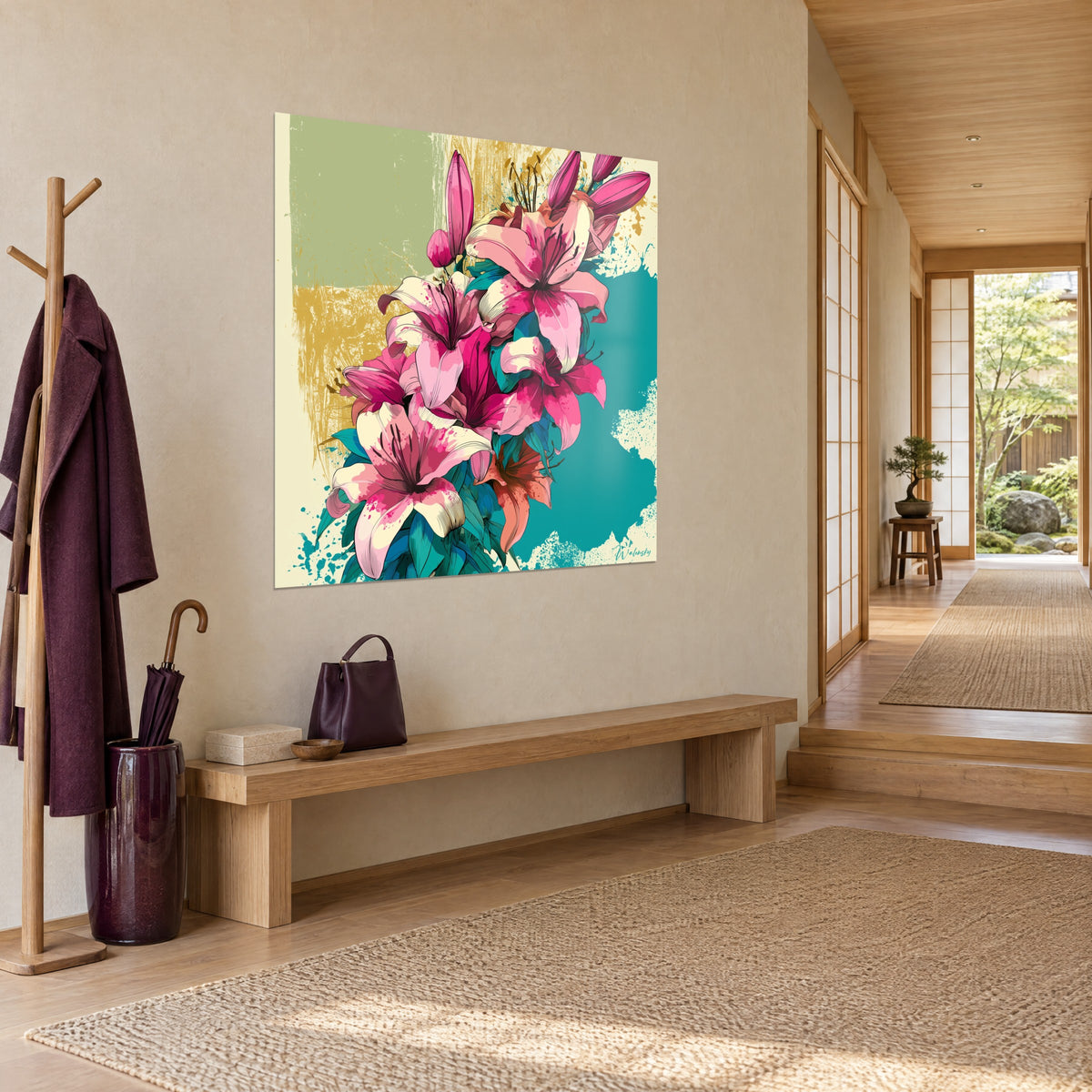 Tableau fleurs de lys fuchsia et crème, boutons allongés, tache turquoise brute, vue de trois-quarts dans un couloir japandi