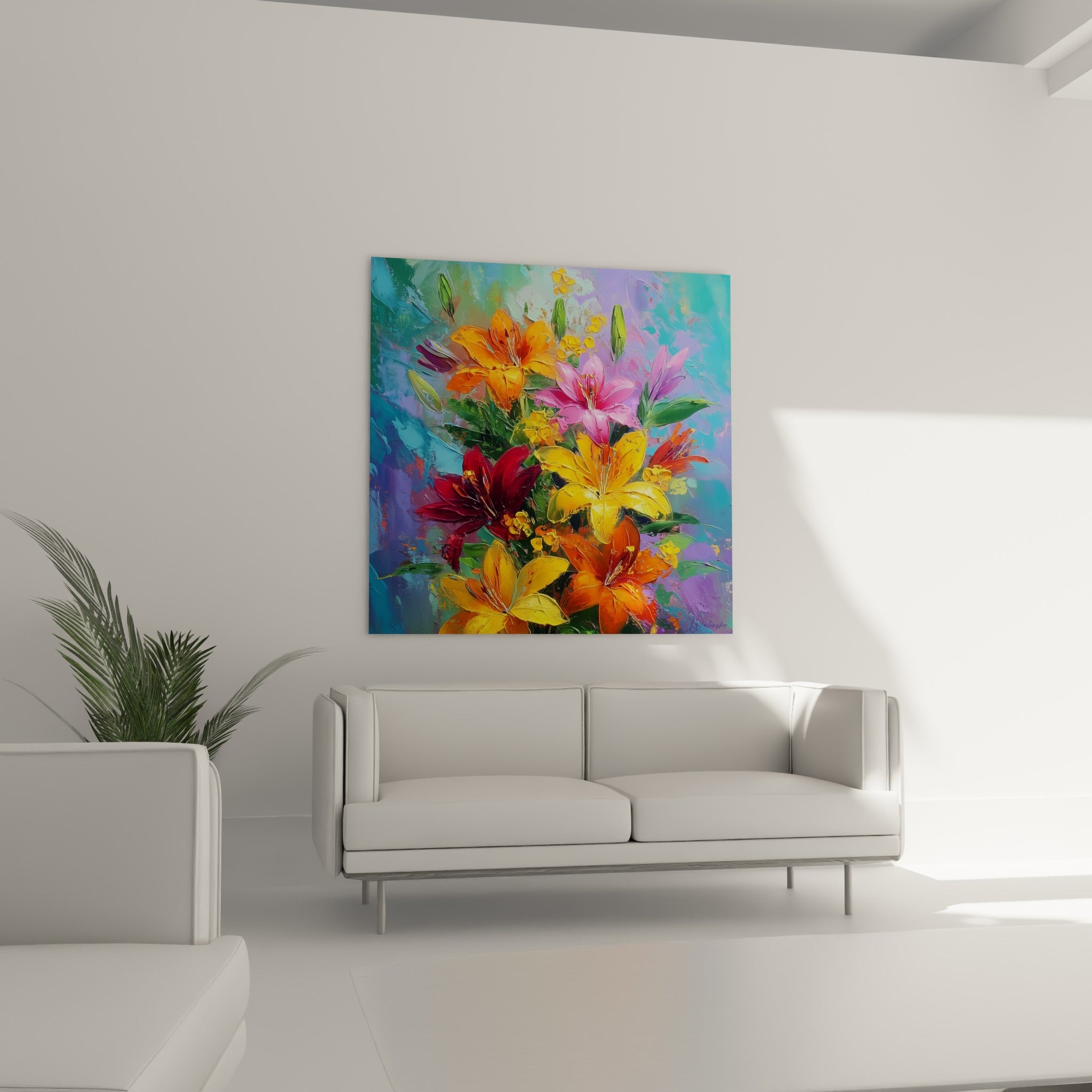 Gerbe de lys orange et pourpre disposée au-dessus d'un canapé dans un salon lumineux