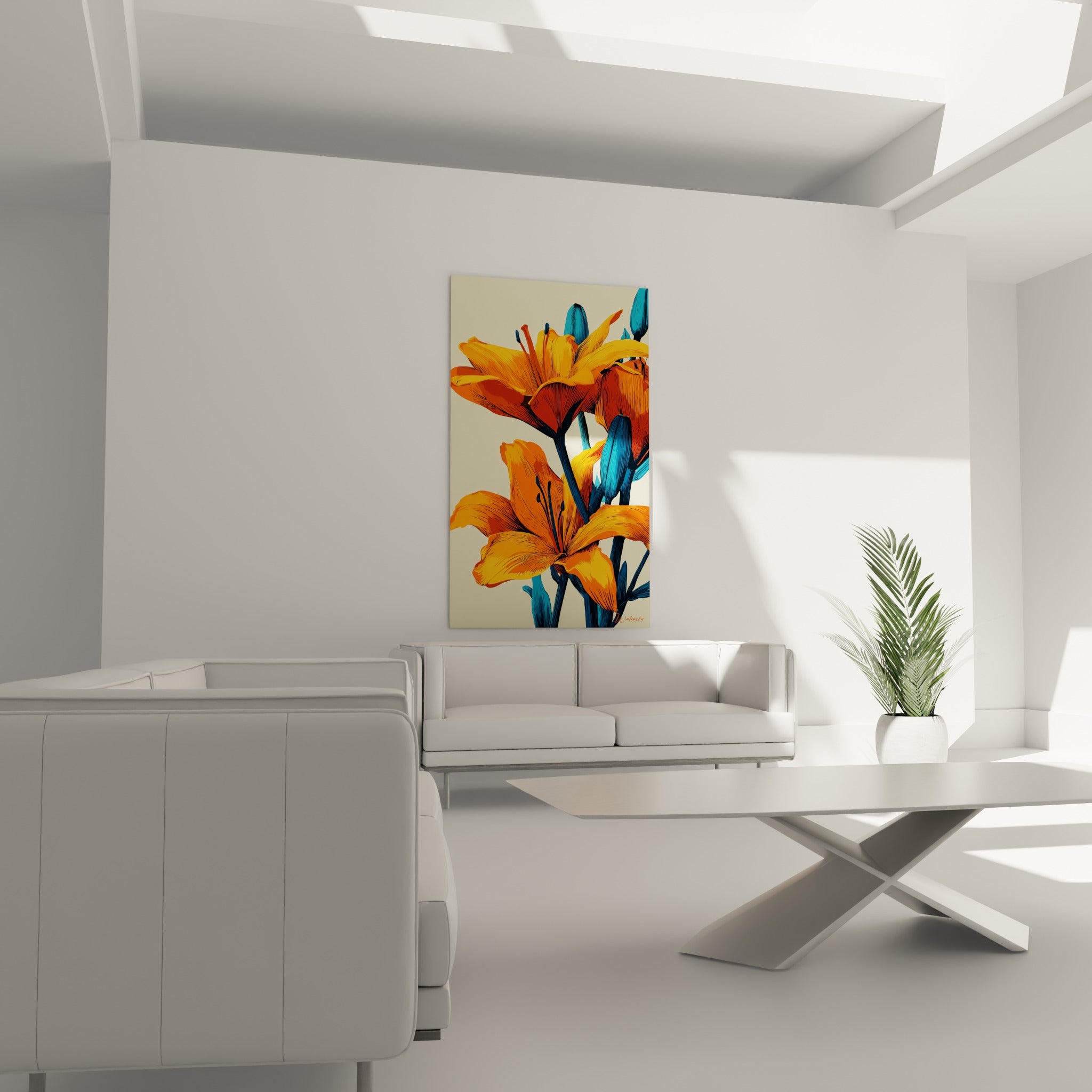 Composition florale lys orange et bleu sombre disposée au-dessus d'un canapé dans un salon lumineux