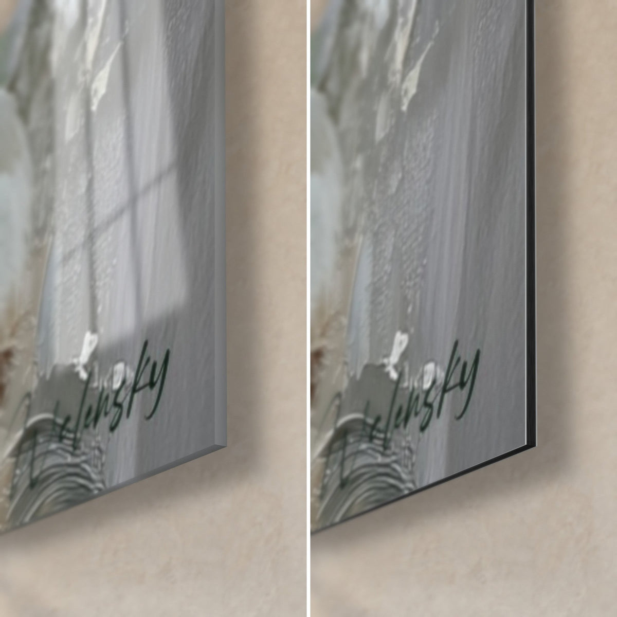 Tableau lys blancs et gris argent, coin bas droit : verre acrylique brillant à gauche, alu Dibond mat à droite, tranche 3 mm