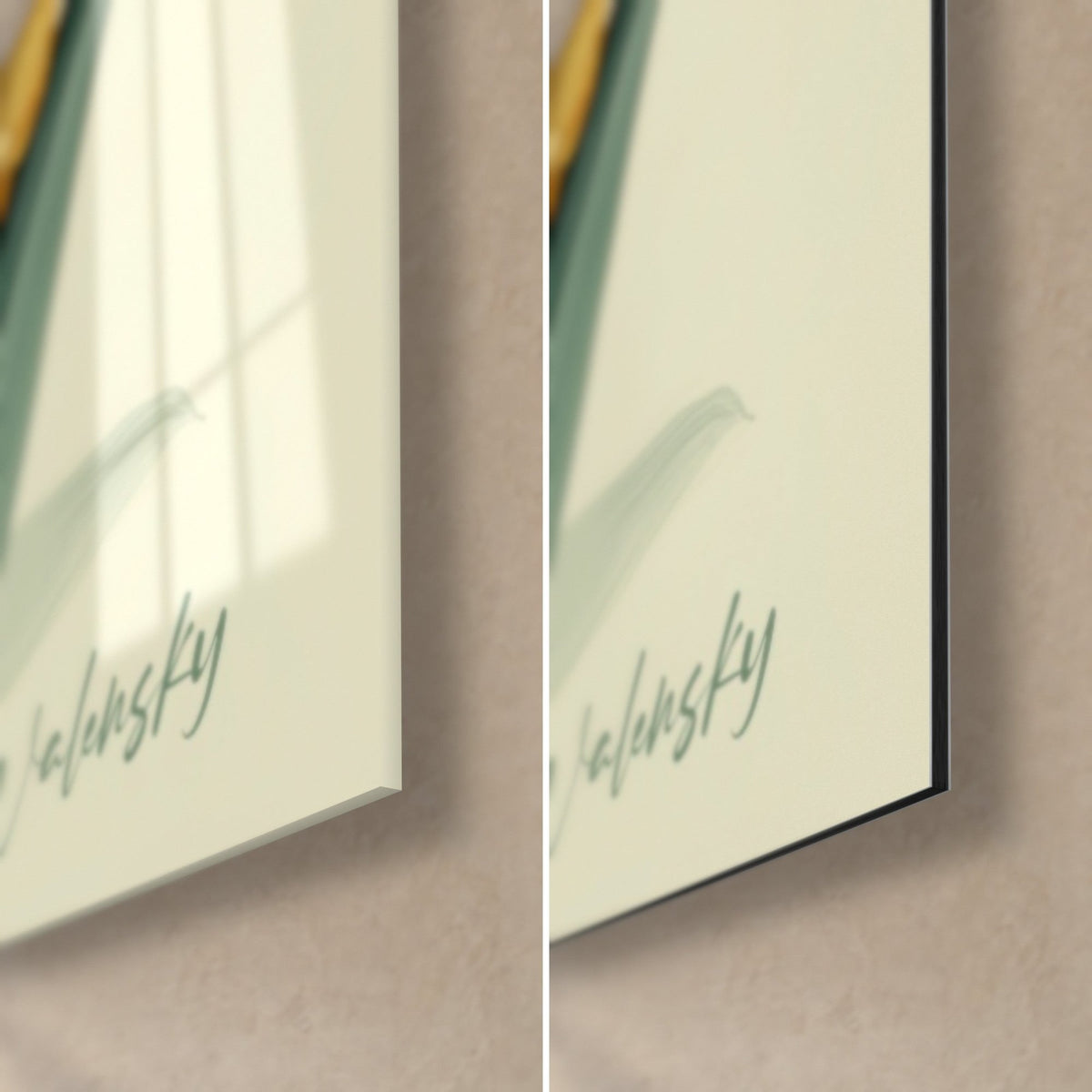 Tableau lys jaune, coin bas droit : verre acrylique brillant à gauche, alu Dibond mat noir à droite, signature Walensky vert gris