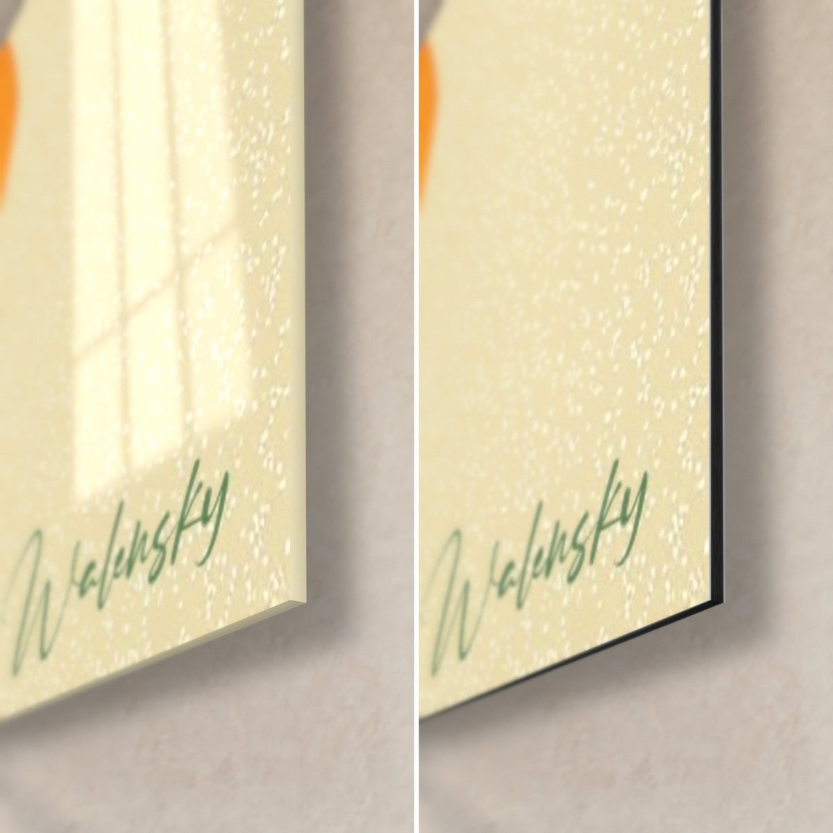 Tableau lys orange, coin bas droit : verre acrylique brillant à gauche, Dibond noir mat à droite, signature Walensky verte
