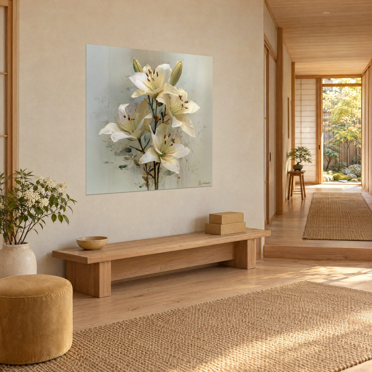 Tableau bouquet de lis crème et boutons verts, fond vert pâle, mur beige près d'un couloir ouvert sur un jardin