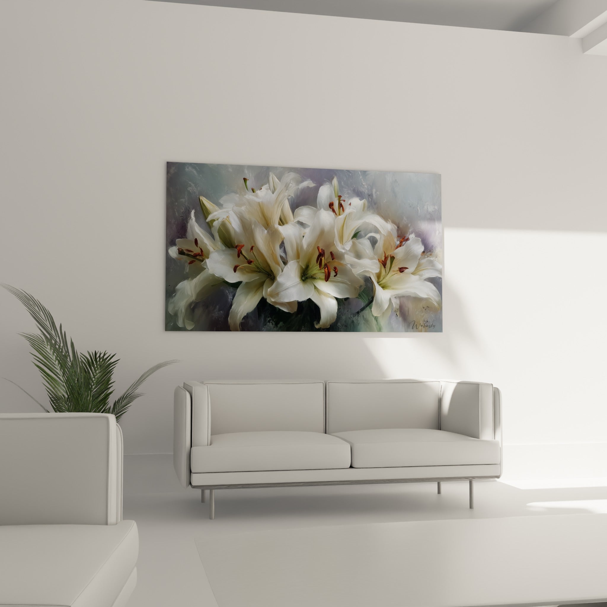 Fleurs de lys ivoire et brun cuivré disposées au-dessus d'un canapé dans un salon lumineux