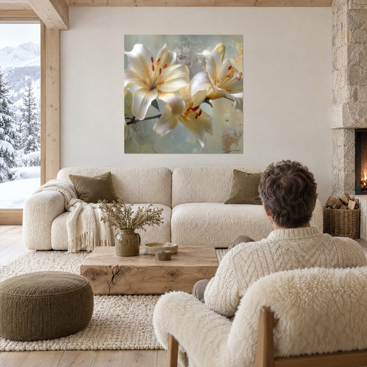 Quadro giglio bianco crema con stami scarlatti, sfondo grigio-verde patinato, uomo di spalle, sopra un divano in un soggiorno luminoso
