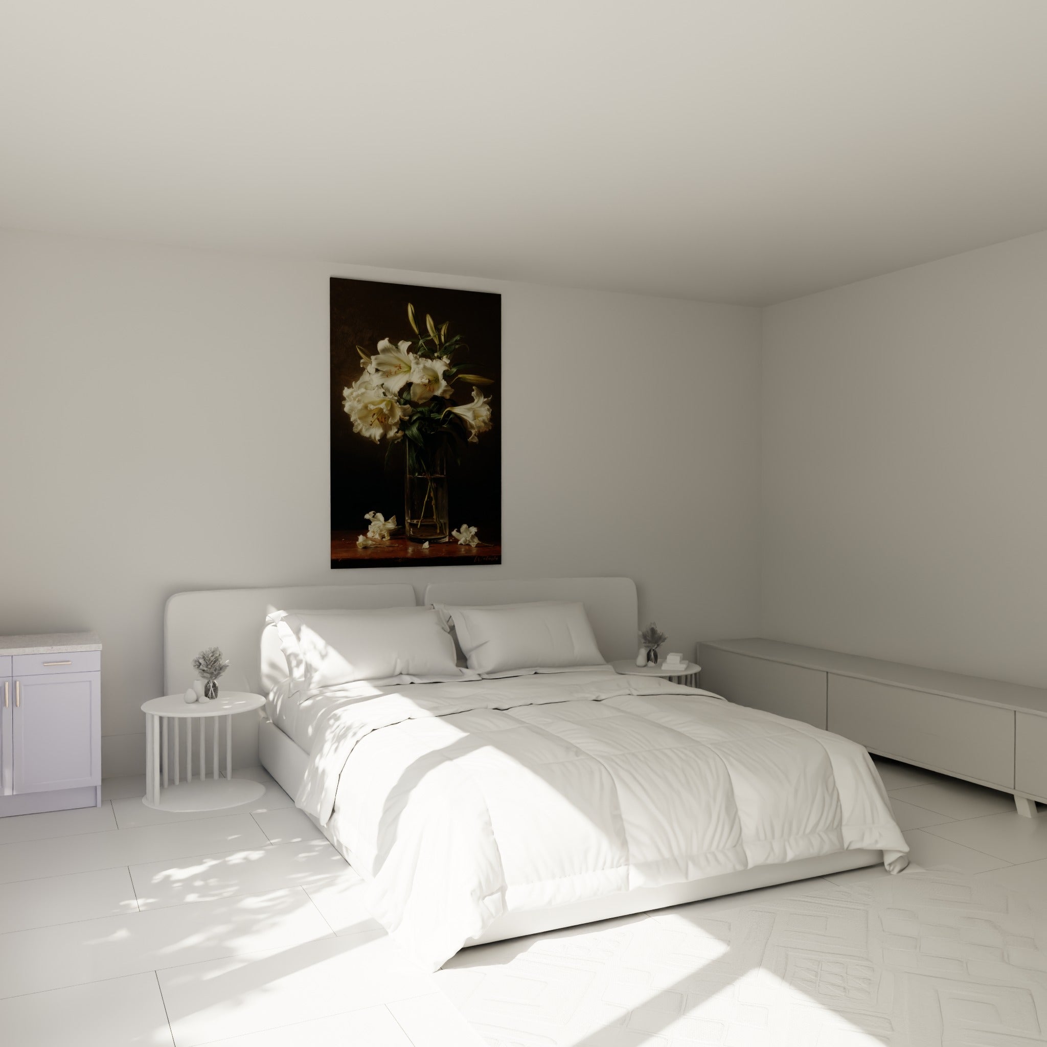 Bouquet de lys blancs et verts au-dessus d'un lit dans une chambre claire