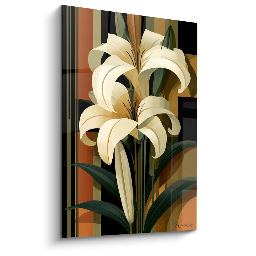 Cream and Black Lily Painting with Vertical Geometric Stripes - Striped Graphic Composition - Lys Edition