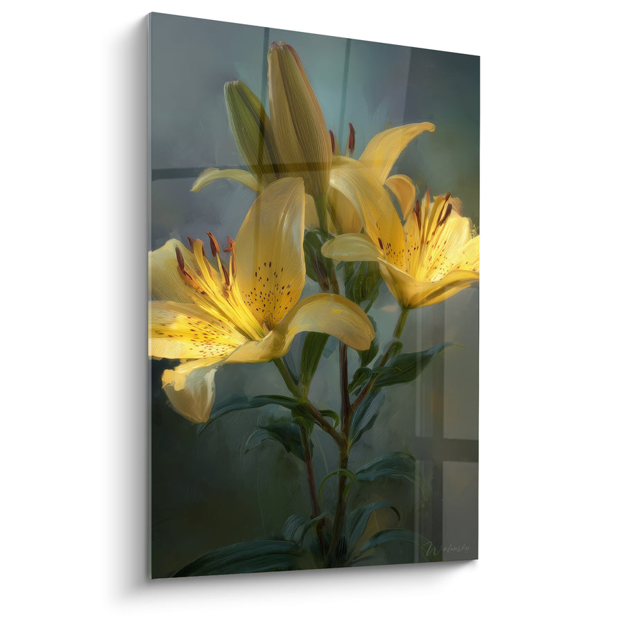 Yellow Lily Painting with Speckled Petals - Blooming Near the Window - Lys Edition