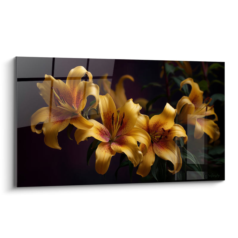 Tableau Lys jaune et pourpre aux pétales mouchetés - Fenêtre vitrée en surimpression - Edition Lys