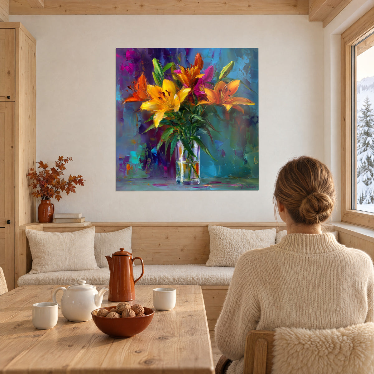 Gemälde mit leuchtenden Lilien in kräftigem Orange und Sonnengelb, dicke Blütenblätter vor blaugrünem Hintergrund, gegenüber einer Frau von hinten, Holztisch, Chalet