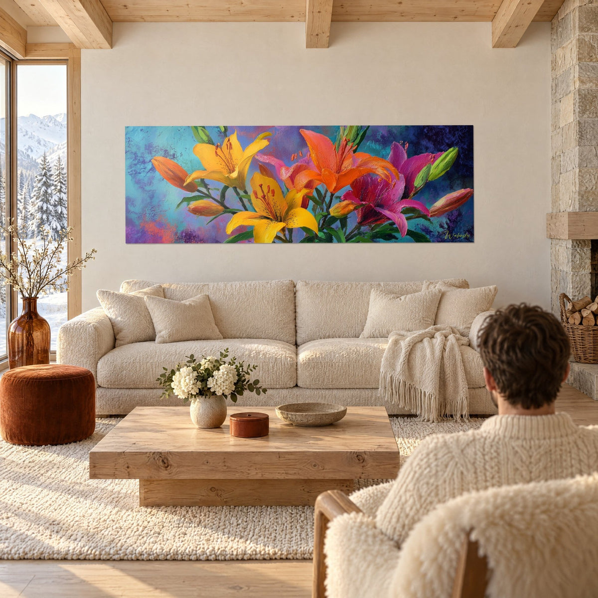 Tableau bouquet de lys jaunes et orange sur fond turquoise, couple de dos, au-dessus d'un canapé dans un salon lumineux