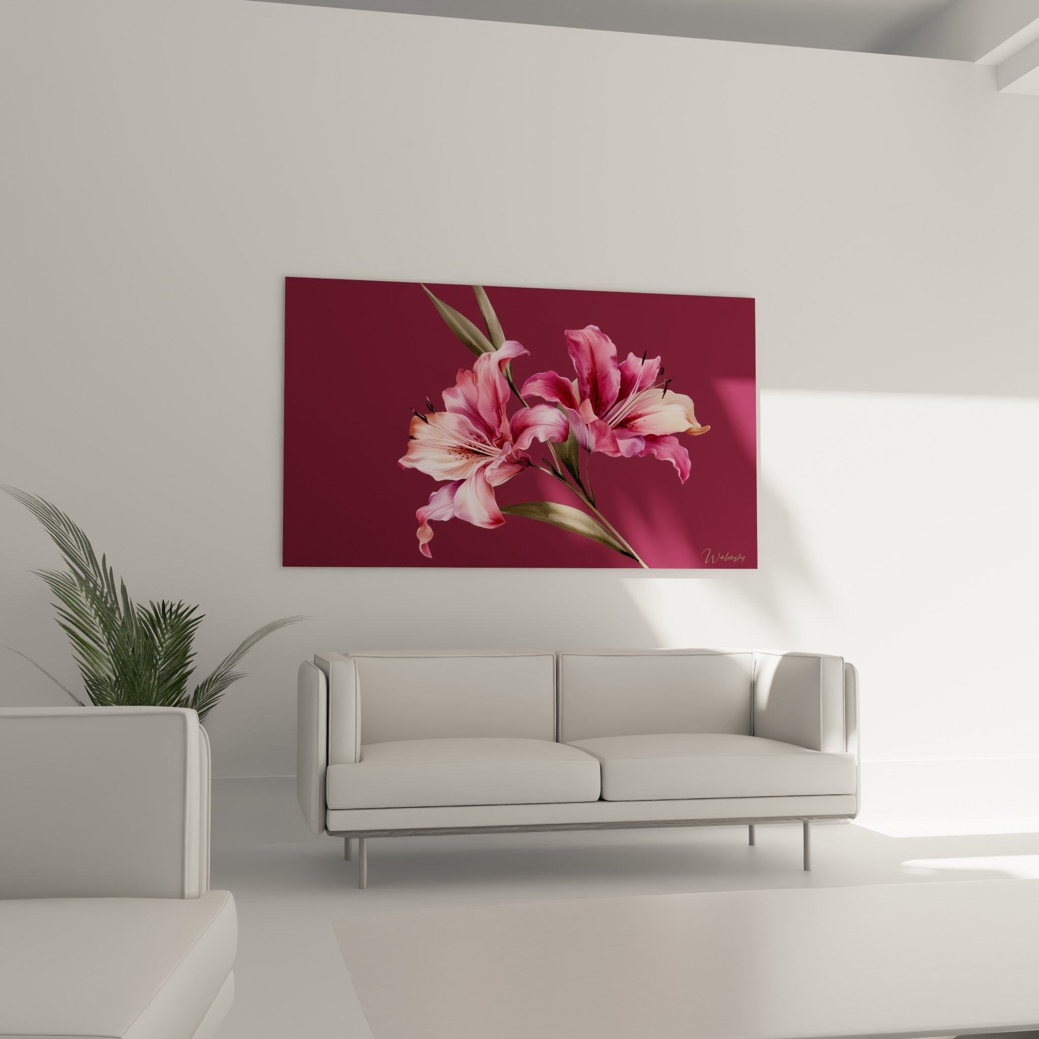 Lys aux nuances pêche et fuchsia sur fond pourpre, au-dessus d'un canapé dans un salon lumineux