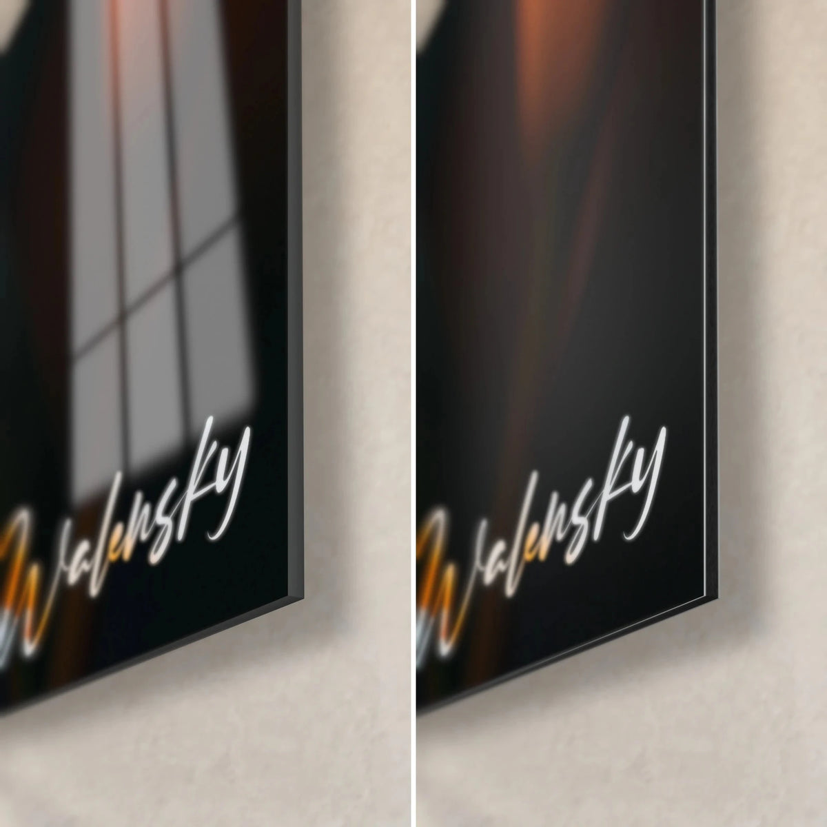 Gemälde weiße Lilie, untere rechte Ecke: glänzendes Acrylglas mit Reflexen links, mattschwarzes Dibond rechts, 3 mm Kante