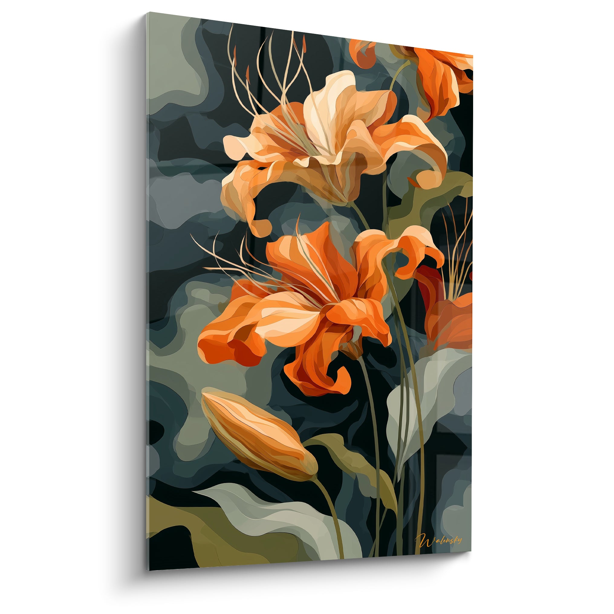 Lys orange aux pétales ondulés sur fond anthracite et vert sauge, style graphique stylisé