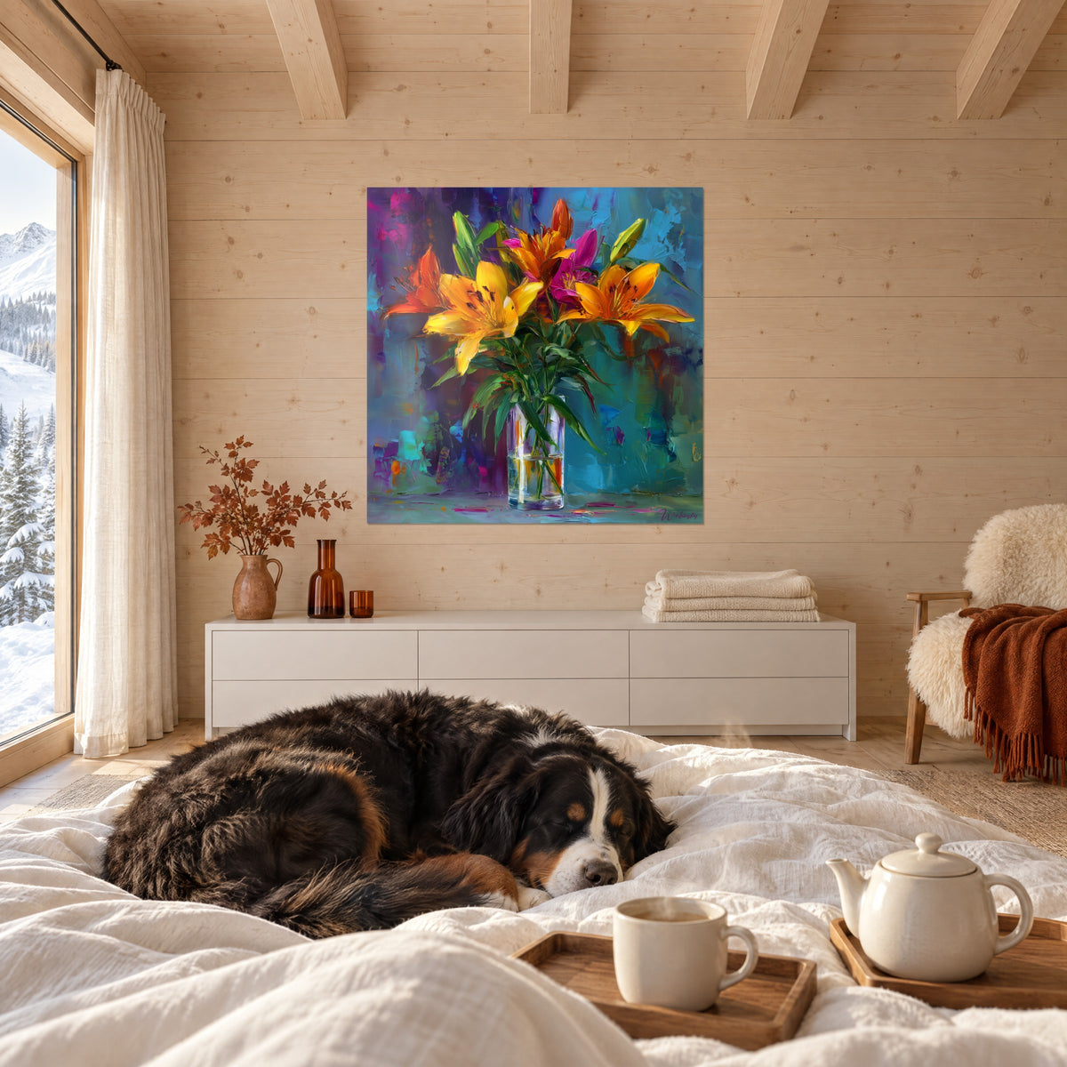 Gemälde mit einem Strauß bernsteinfarbener Lilien und magentafarbenen Blütenblättern, mit dem Spachtel gemalt, transparente Vase, türkisfarbener Hintergrund, über einem Bett in einem hellen Schlafzimmer