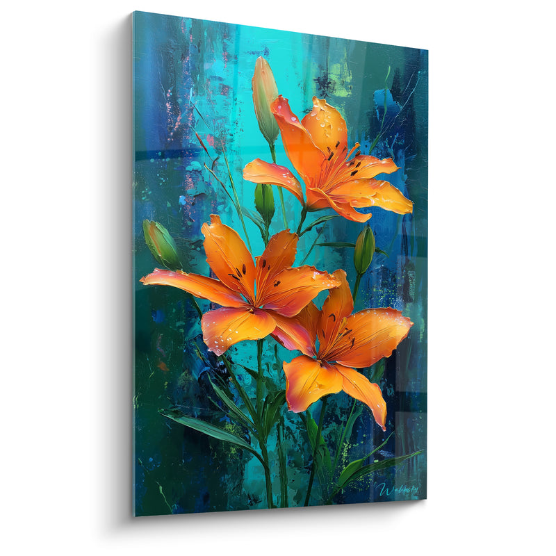Tableau Lys orange et turquoise aux gouttelettes perlées - Boutons verts effilés - Edition Lys