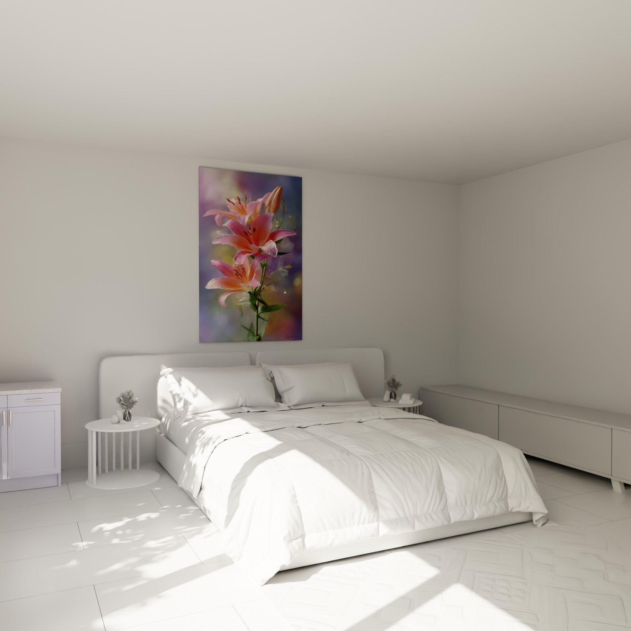 Fleur de lys rose et mauve perlée de rosée accrochée au-dessus d'un lit dans une chambre claire
