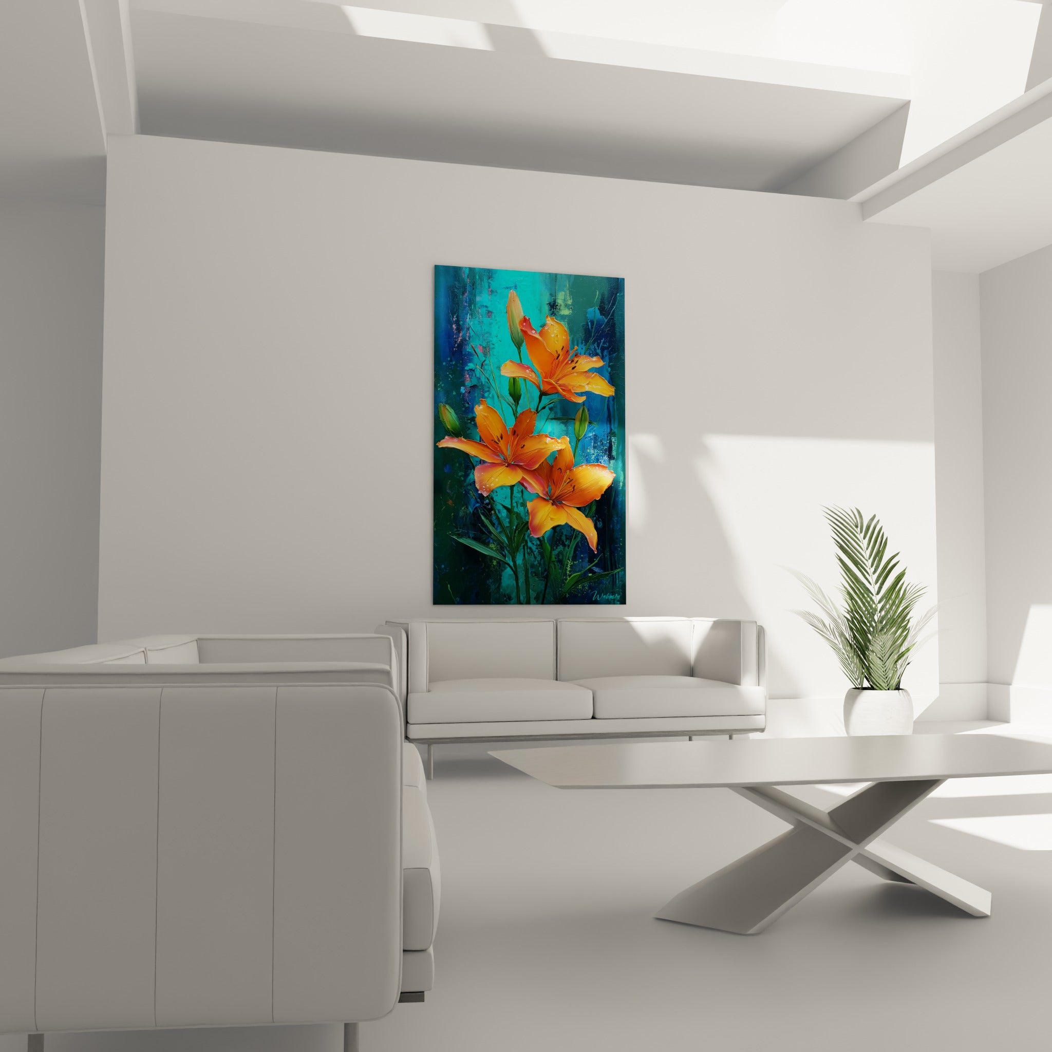 Bouquet de lys orange sur fond bleu et turquoise domine un canapé dans un salon lumineux
