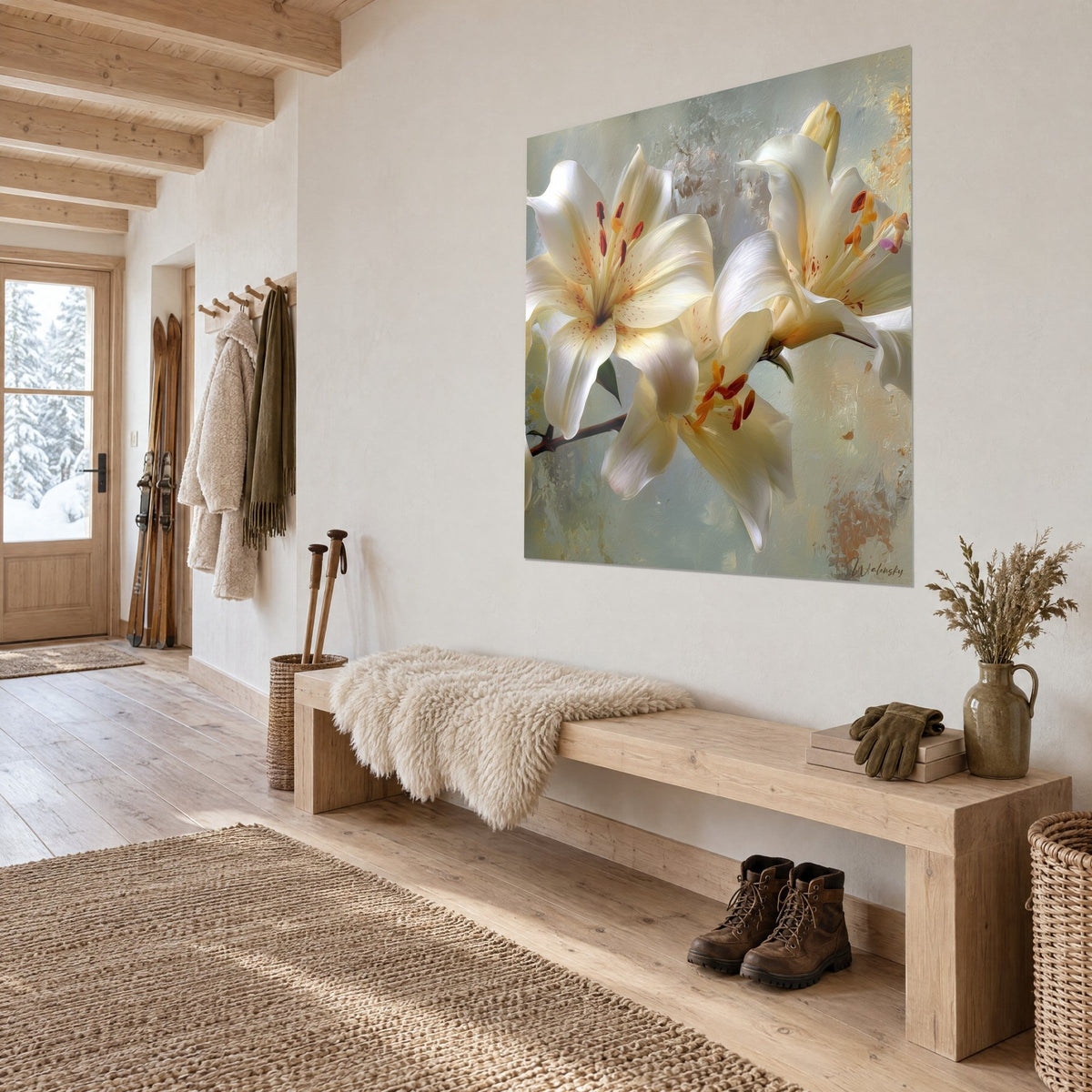Quadro gigli madreperlacei su stelo bruno spinoso, riflessi avorio e verde salvia, appeso sopra una panca da chalet