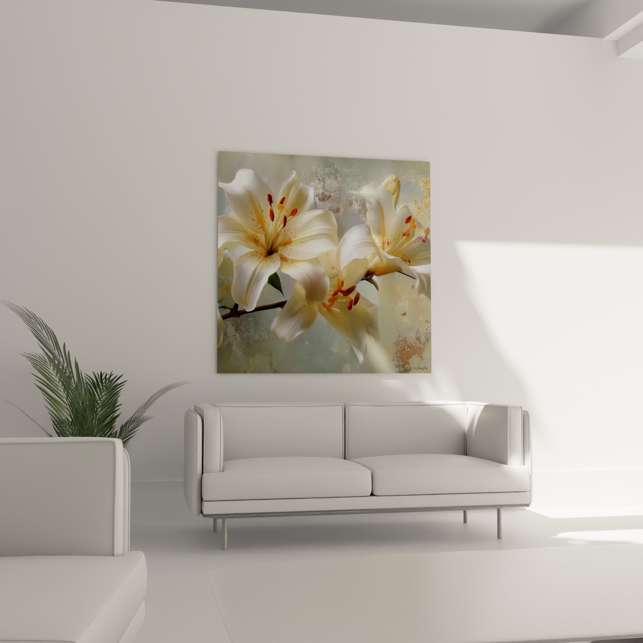 Pétales de lys blanc nacré et étamines vermillon en pleine floraison, au-dessus d'un canapé dans un salon lumineux