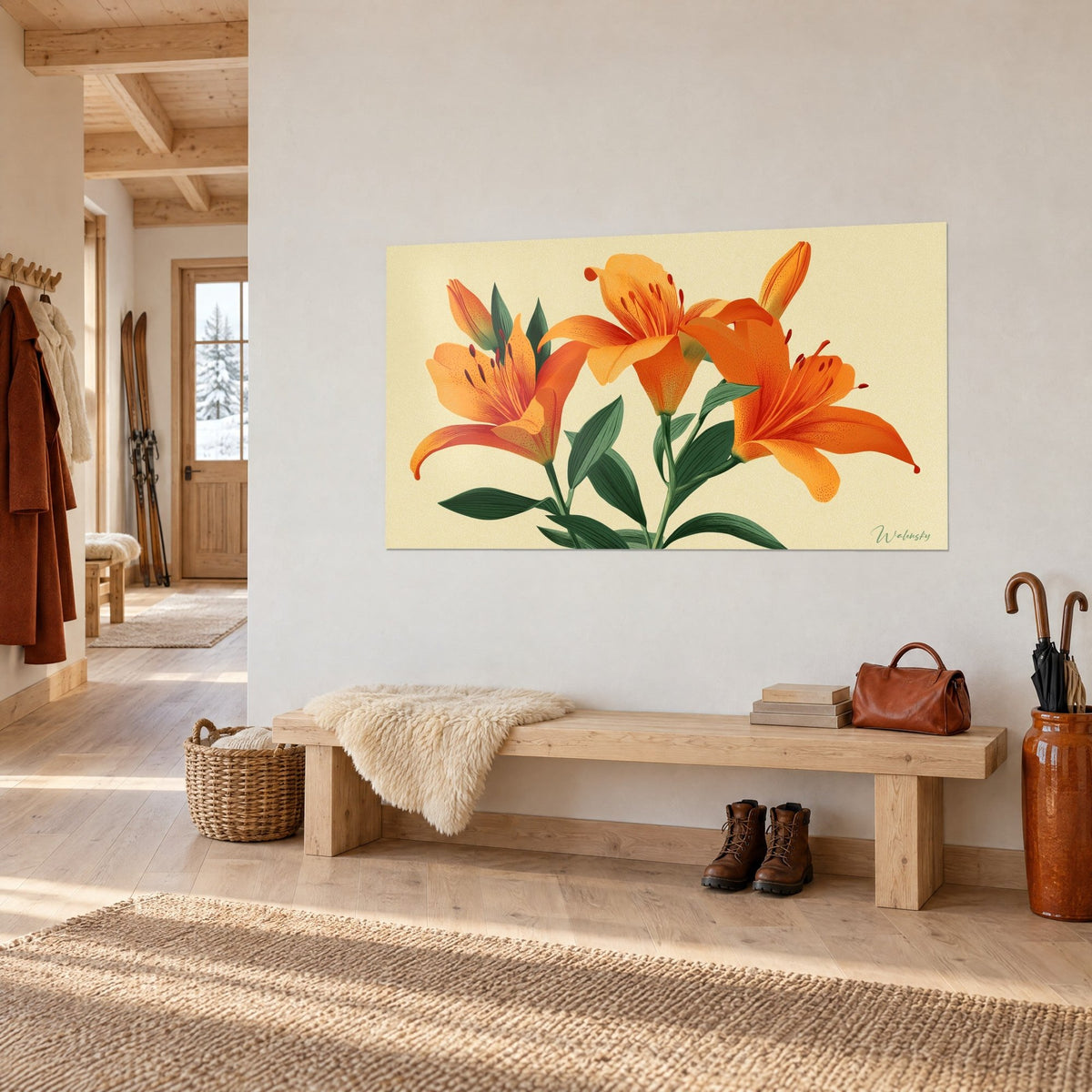 Tableau fleurs de lis safran, étamines rouge brique piquetées, en vue de trois-quarts, banc en bois et mur clair