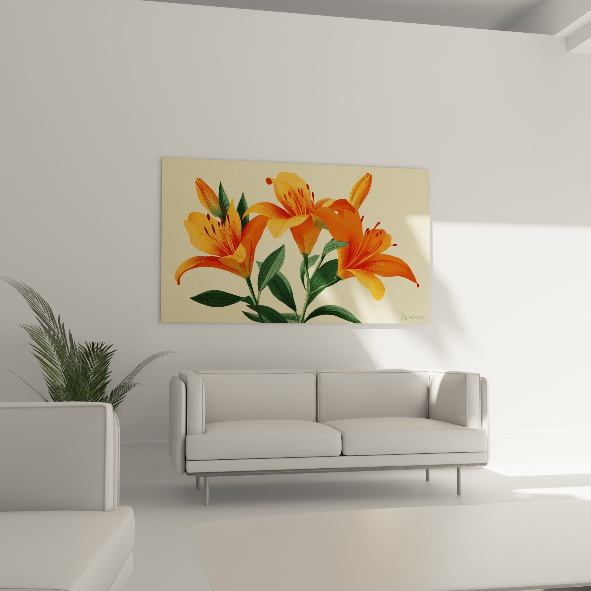 Bouquet de lys orange aux pétales veloutés et feuillage vert, au-dessus d'un canapé dans un salon lumineux