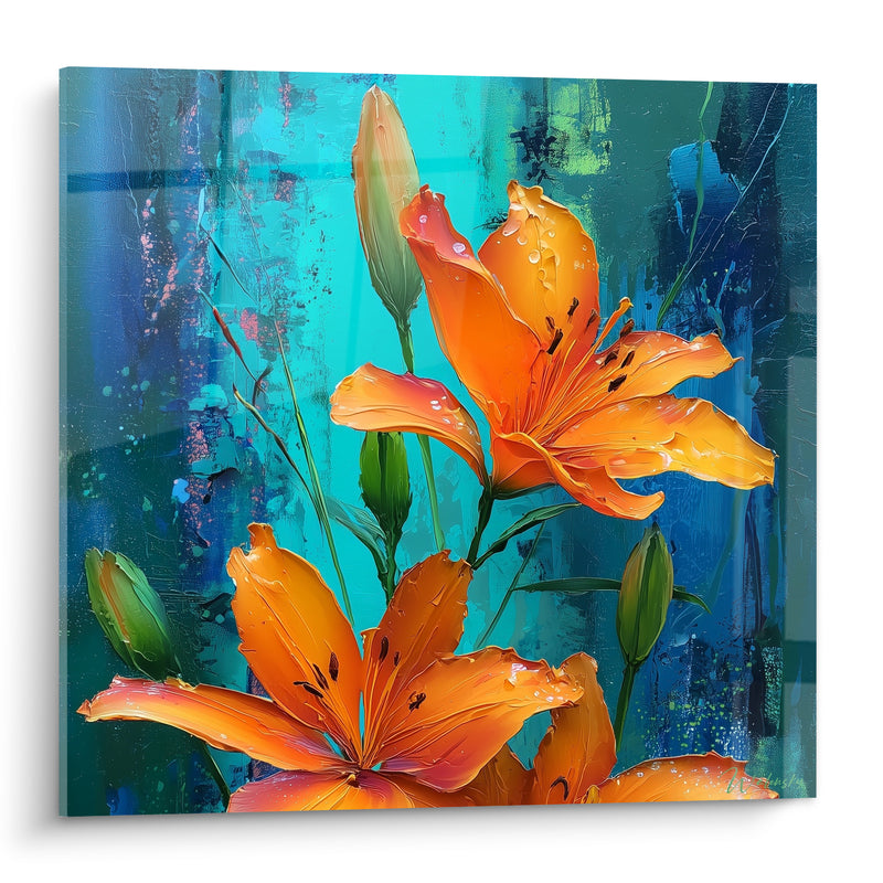 Tableau Lys orange sur fond turquoise et bleu - Rosée du matin - Edition Lys