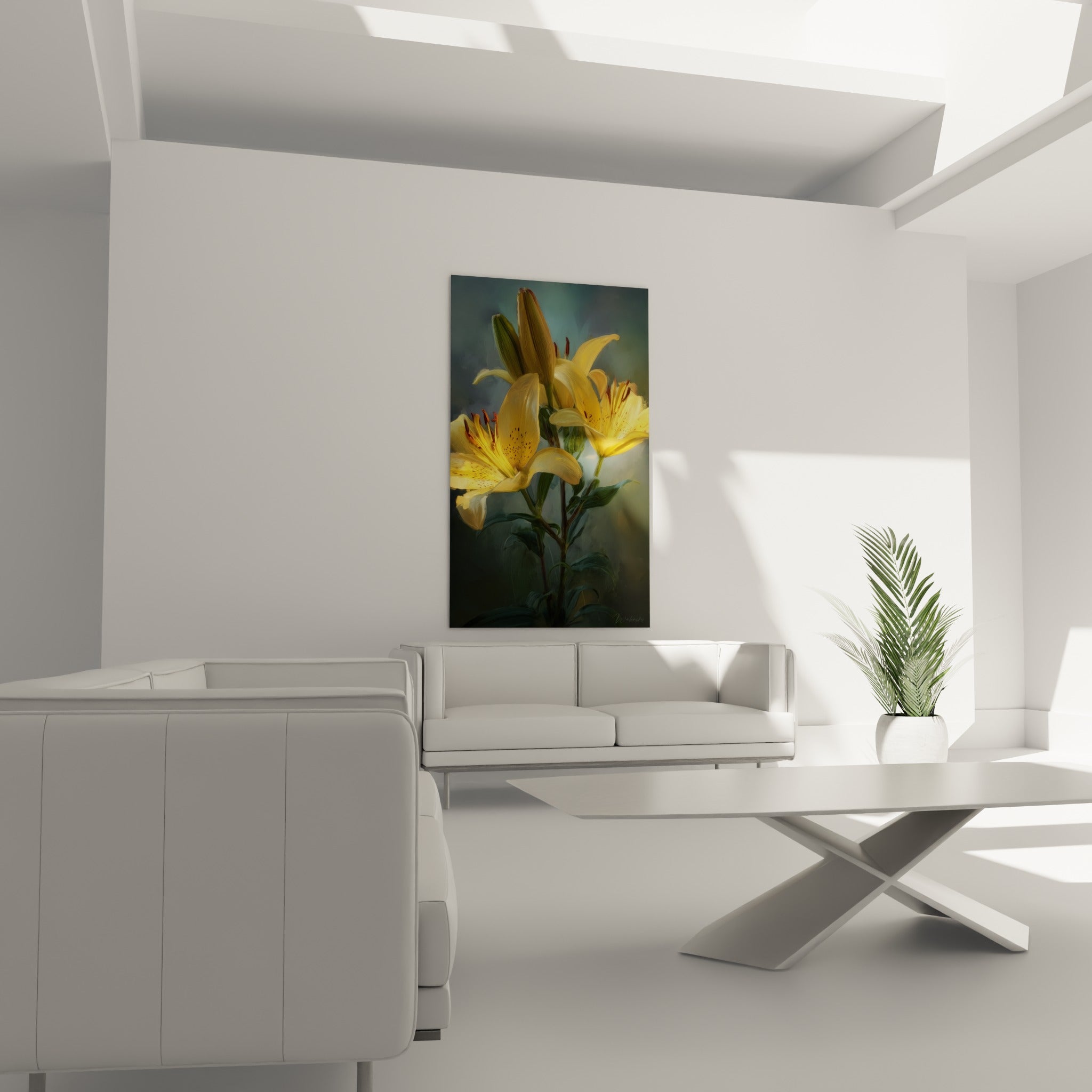 Pétales jaunes et bourgeon vert du lys, teintes anthracite en arrière-plan, au-dessus d'un canapé dans un salon lumineux