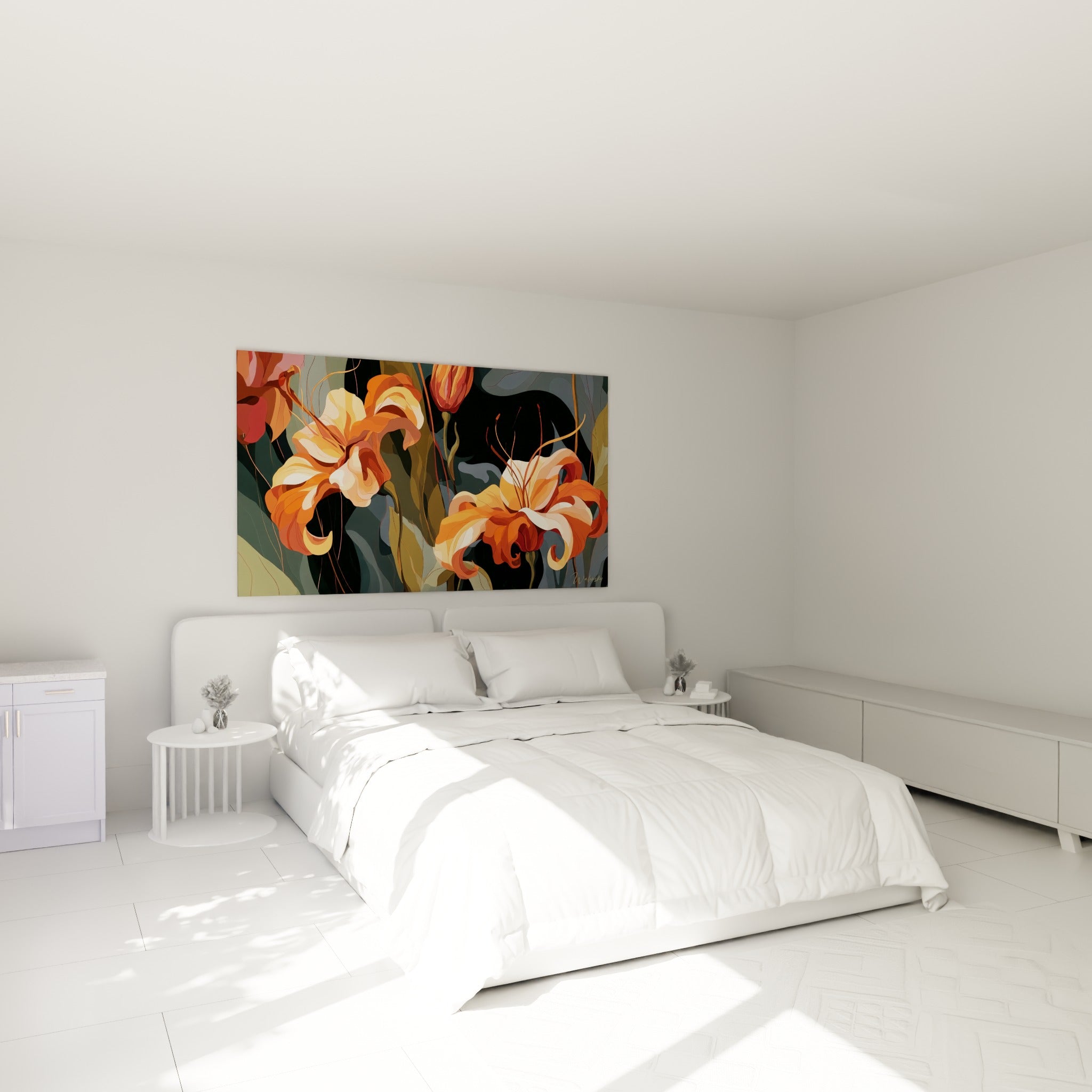 Lys corail et crème aux longues étamines accroché au-dessus d'un lit dans une chambre claire