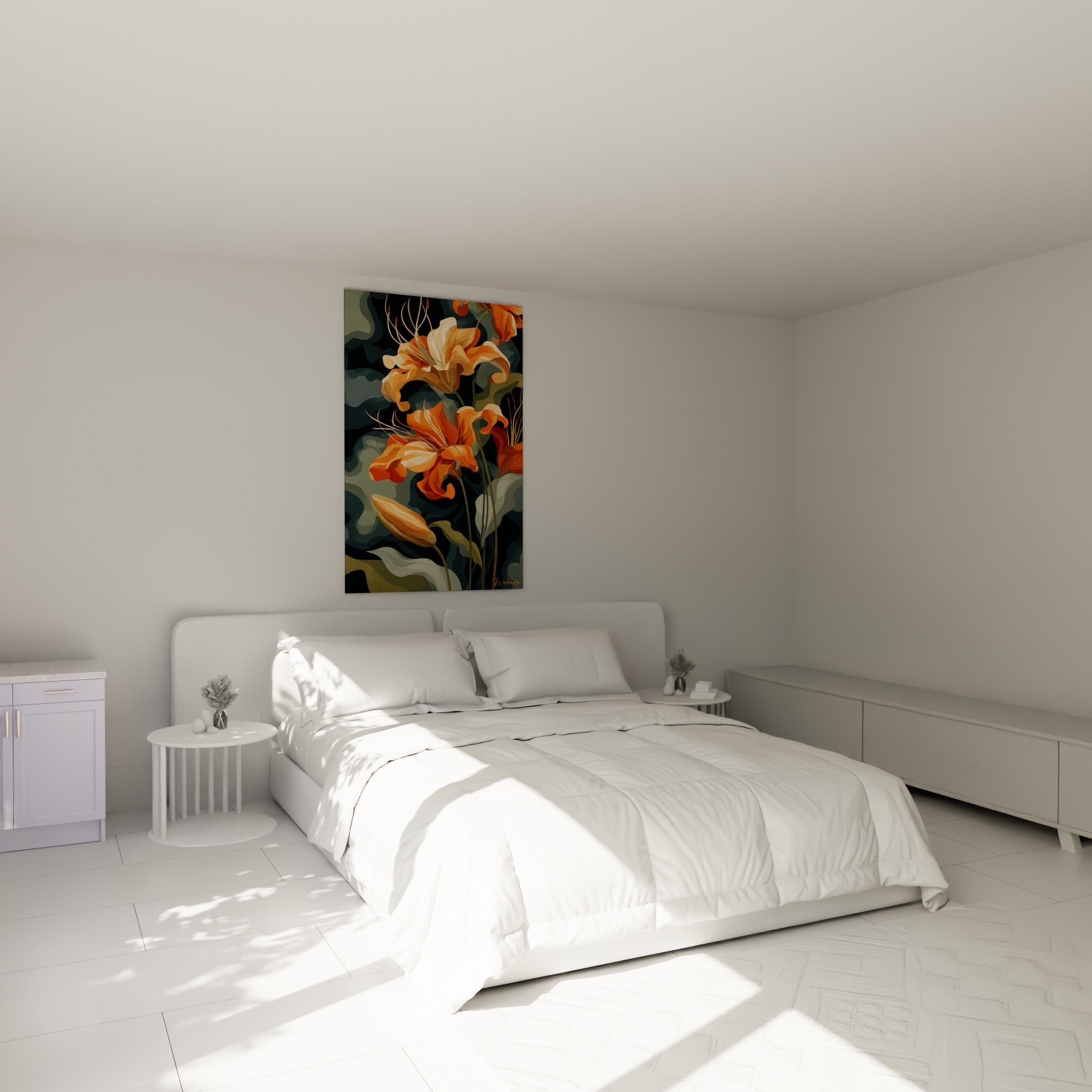 Fleurs de lys orange et crème déployées, accrochées au-dessus d'un lit dans une chambre claire