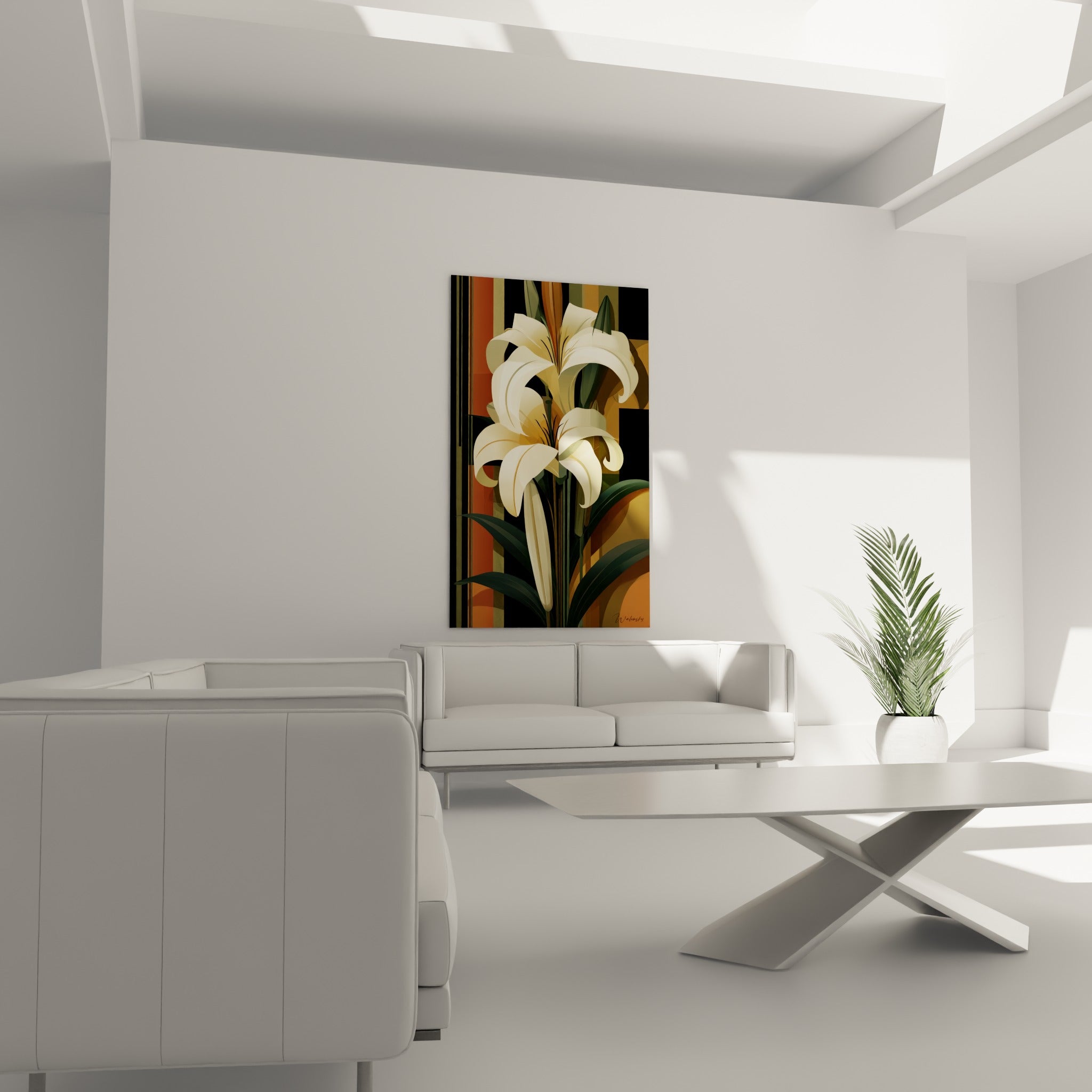 Pétales de lys crème et dorés se détachent sur fond ocre au-dessus d'un canapé dans un salon lumineux