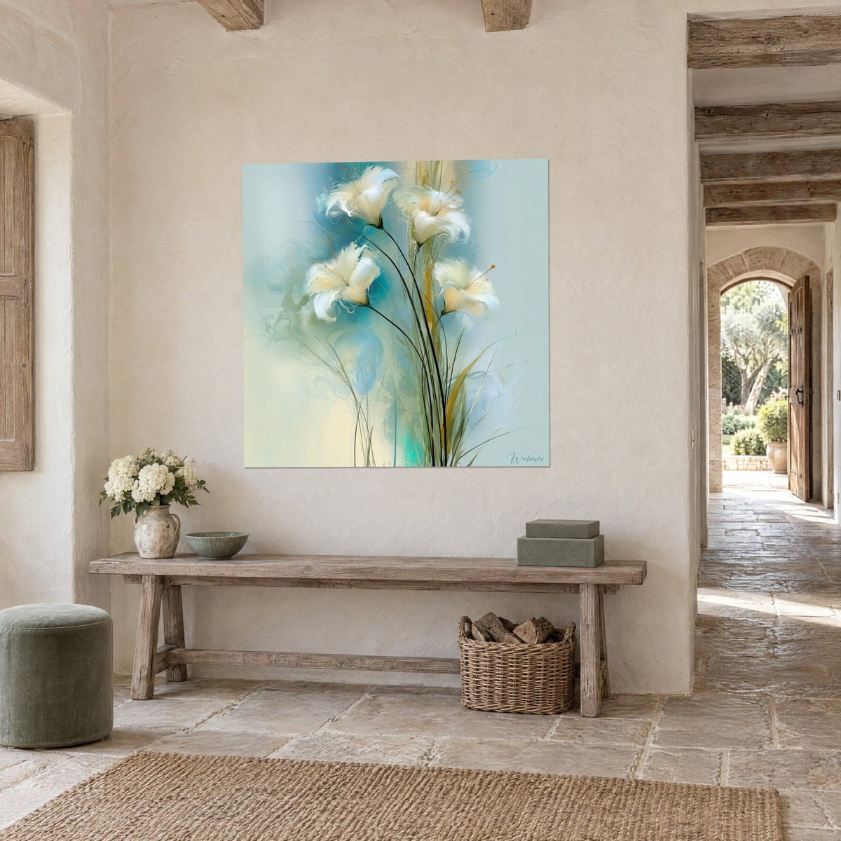 Tableau bouquet de lilas blancs aux cœurs ivoire, fond bleu turquoise et sauge, accroché sur un mur de pierre près d'une banquette