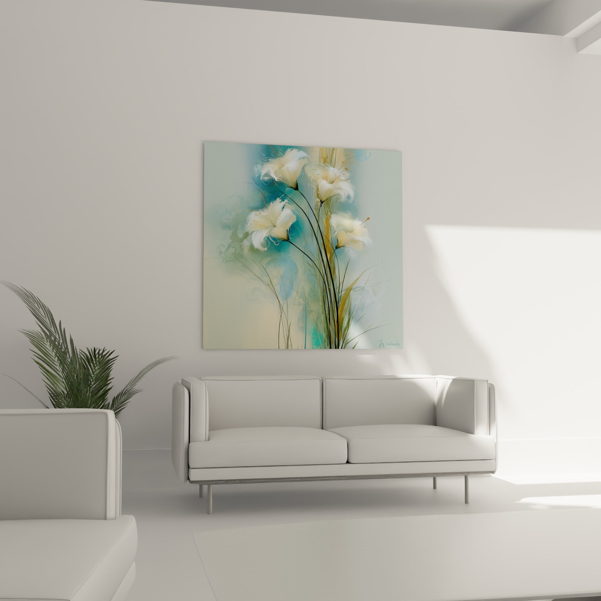 Fleurs de lys crème et dorées sur fond bleu pastel, au-dessus d'un canapé dans un salon lumineux