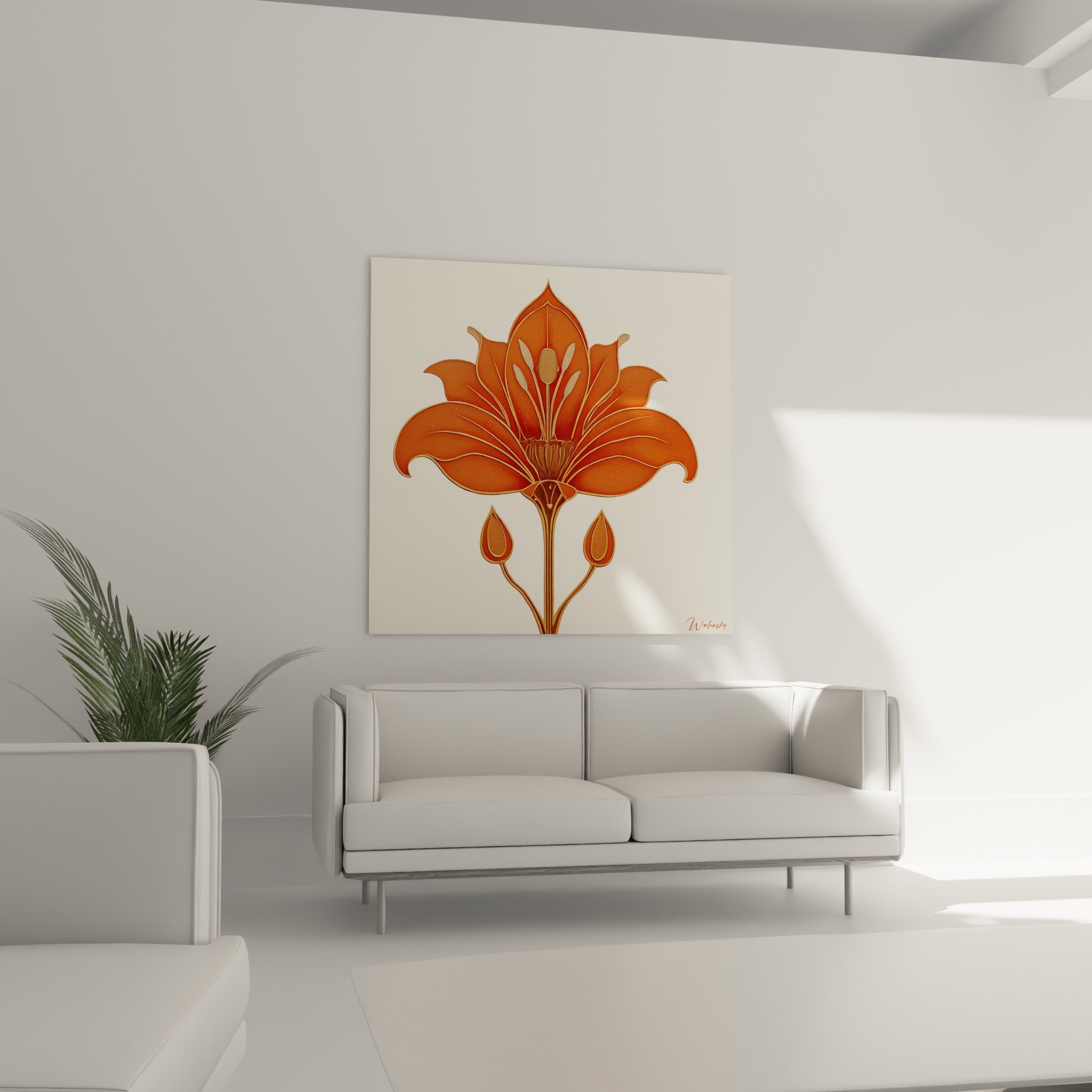 Pétales terracotta et dorés du lys stylisé, disposés au-dessus d'un canapé dans un salon lumineux.