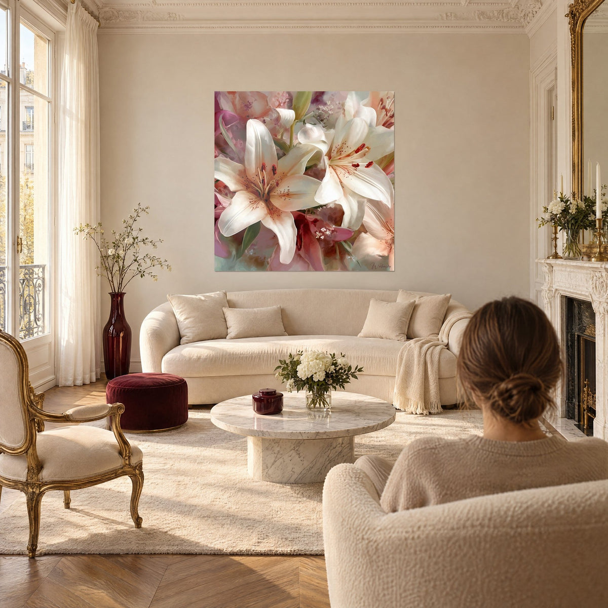 Tableau lys blancs épanouis aux étamines rouges, pétales ivoire et rose poudré, femme de dos au-dessus d'un canapé dans un salon lumineux