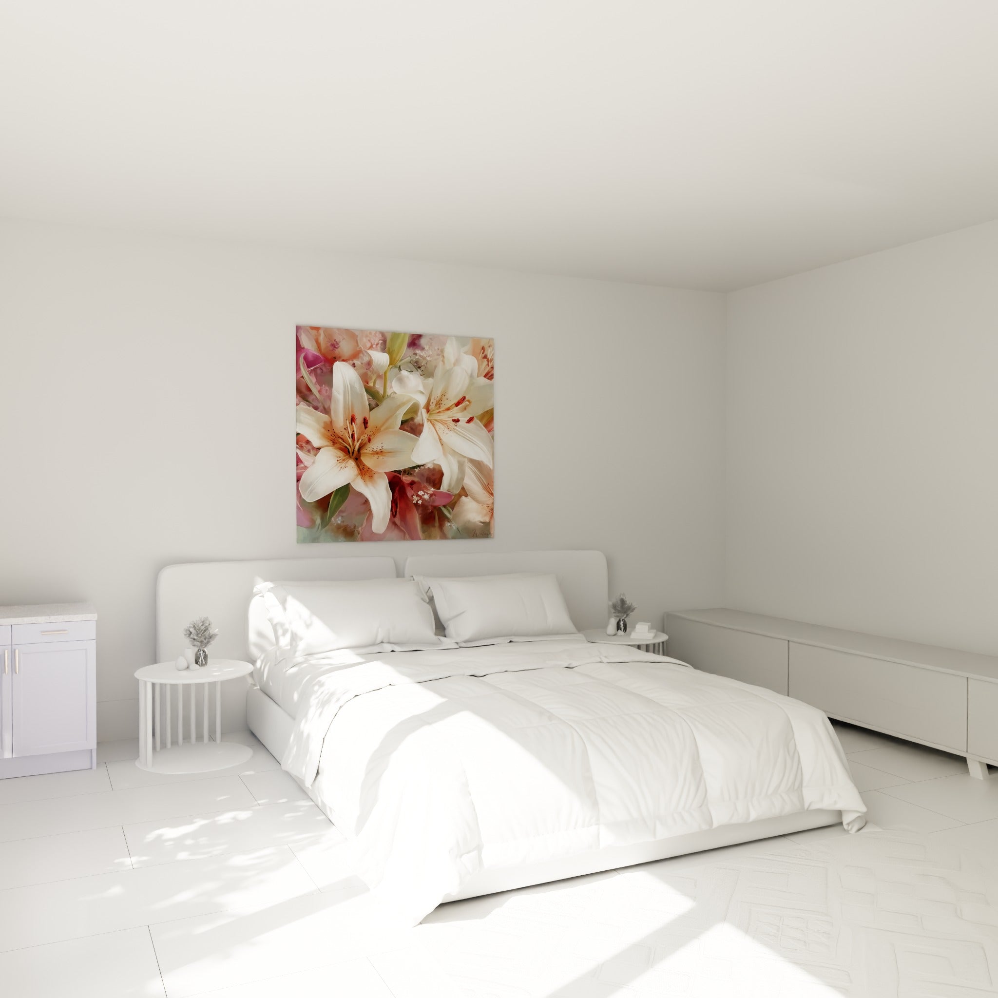 Pétales ivoire et taches rouge vif du lys, tableau accroché au-dessus d'un lit dans une chambre claire